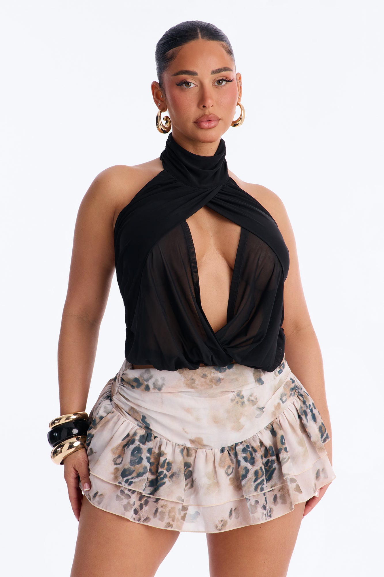 Divine Ease Sheer Mesh Ruched Halter Top - Black