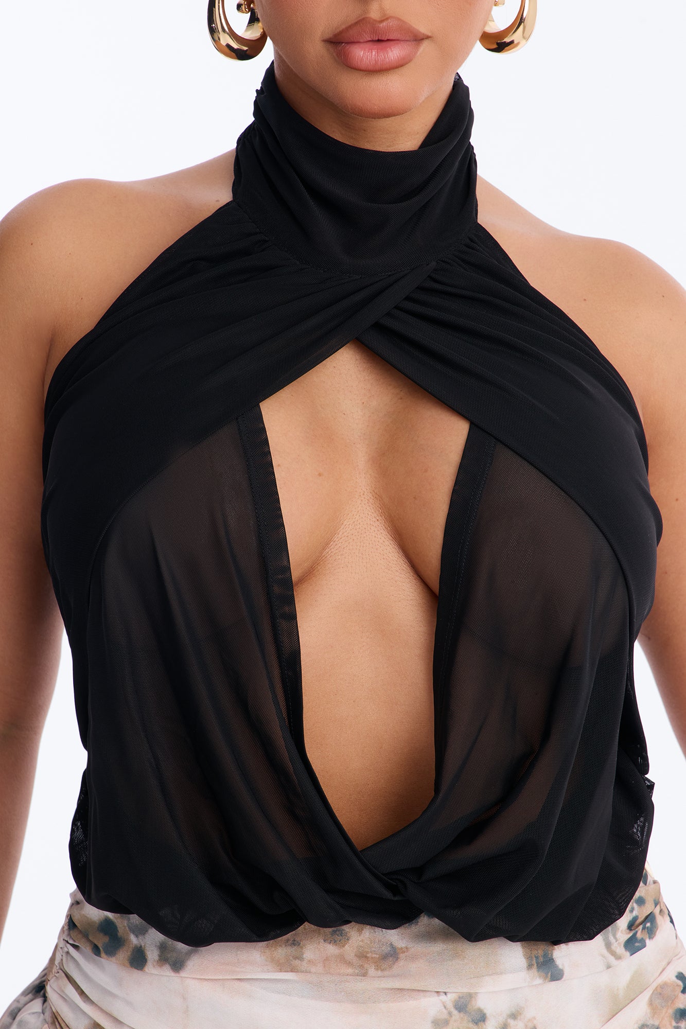Divine Ease Sheer Mesh Ruched Halter Top - Black image 3