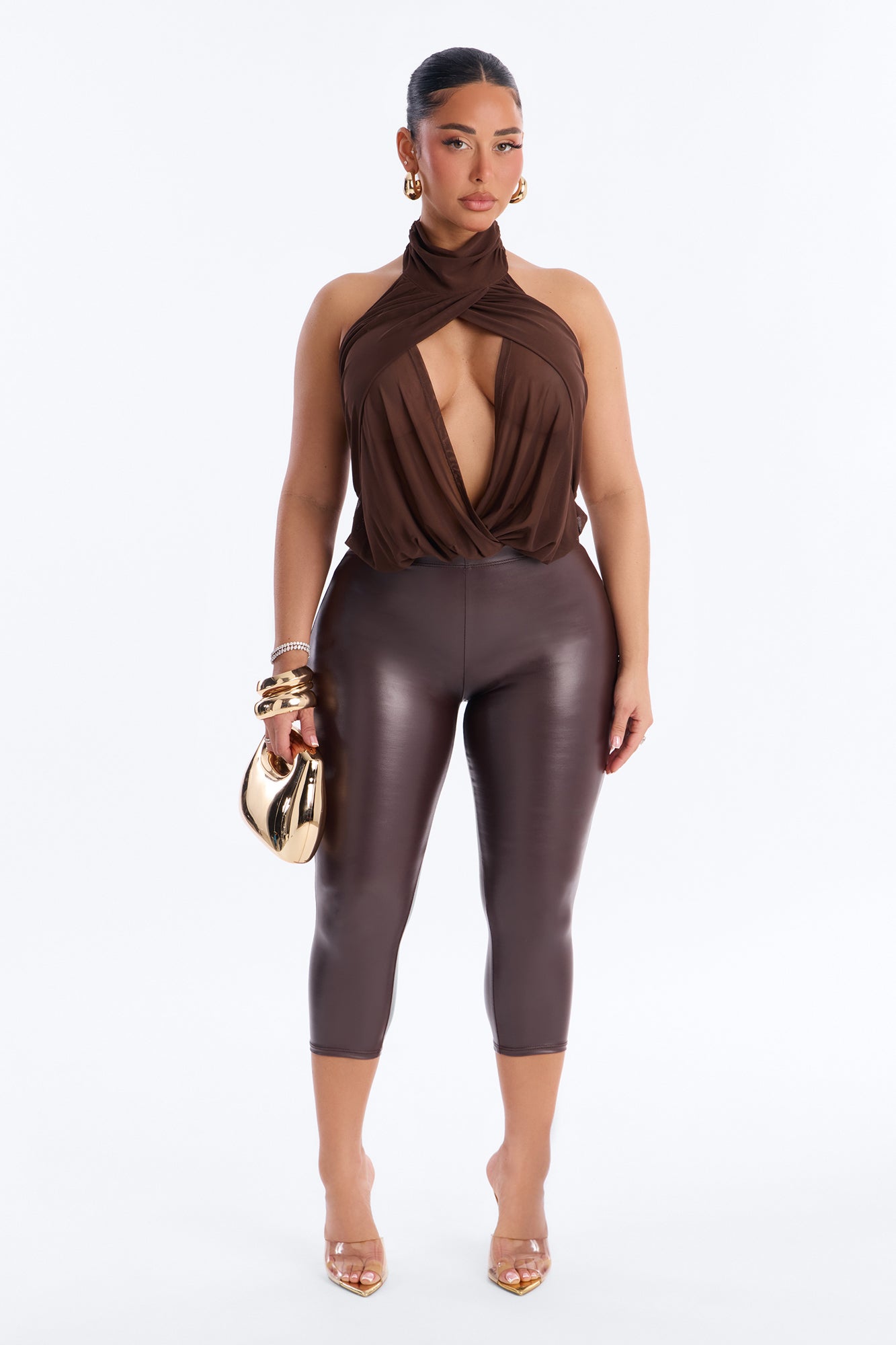 Divine Ease Sheer Mesh Ruched Halter Top - Chocolate image 2