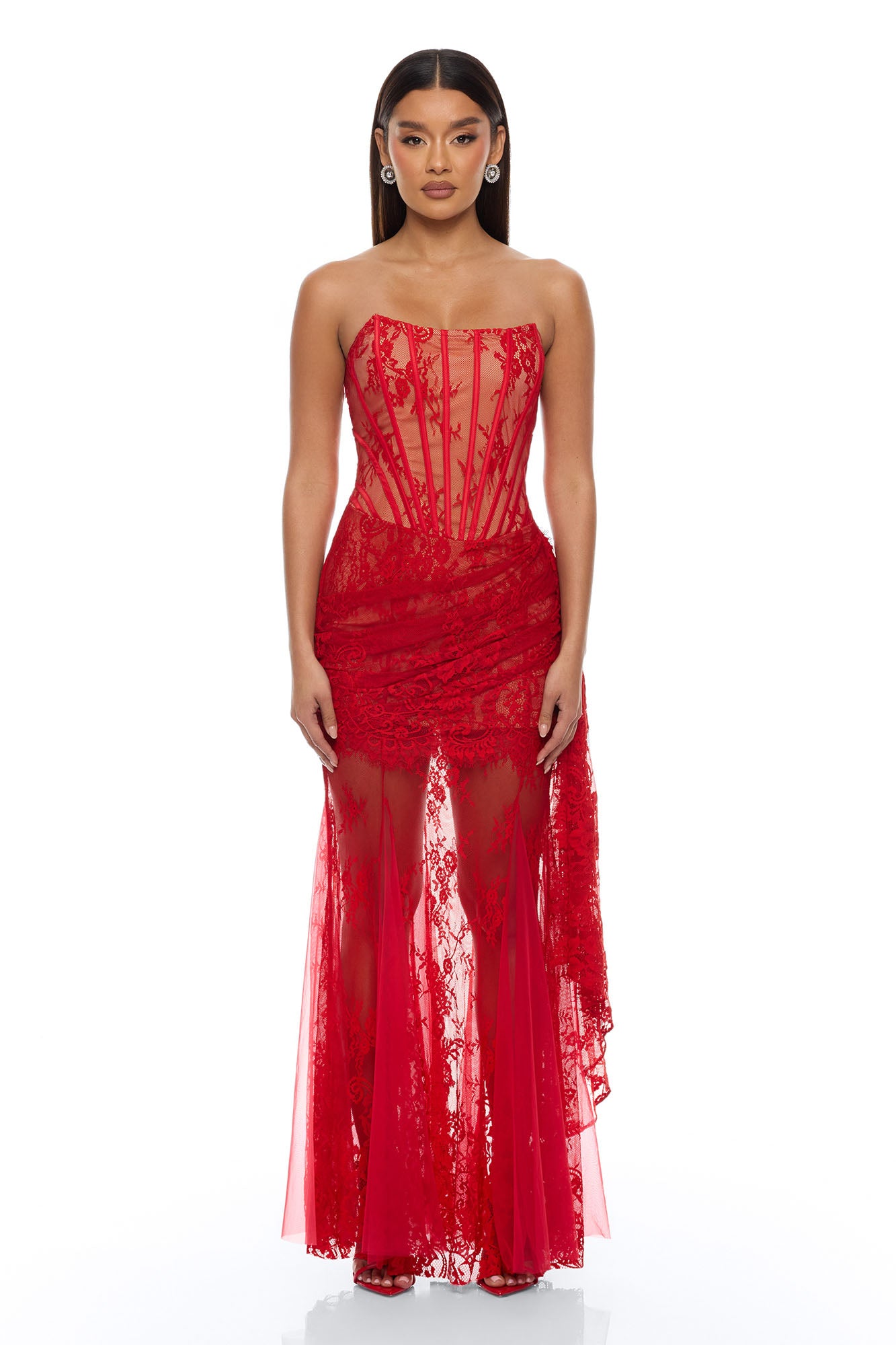 Be Mine Draped Lace Maxi Dress - Red