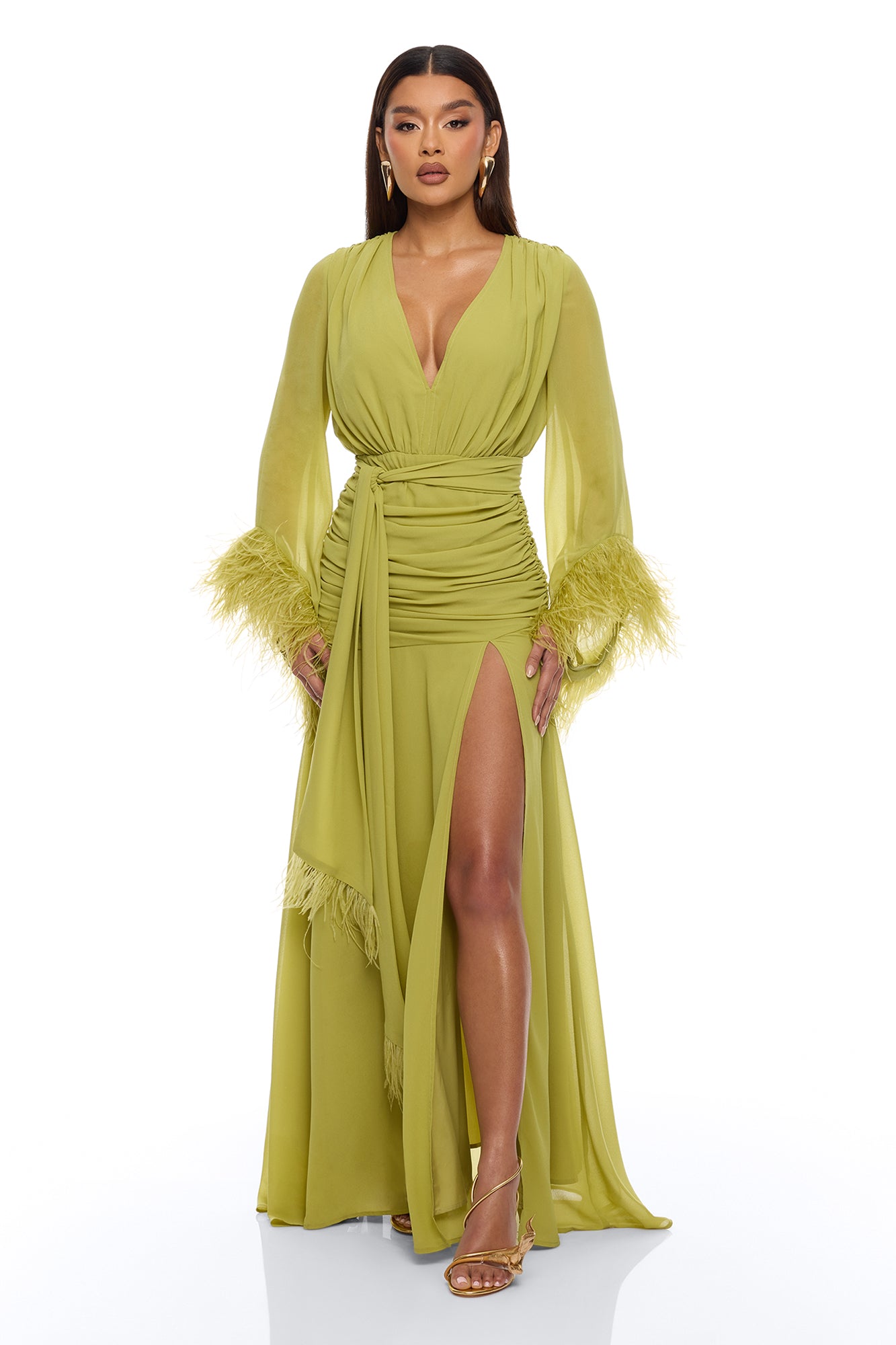 Daisey Feathered Chiffon Maxi Dress - Chartreuse