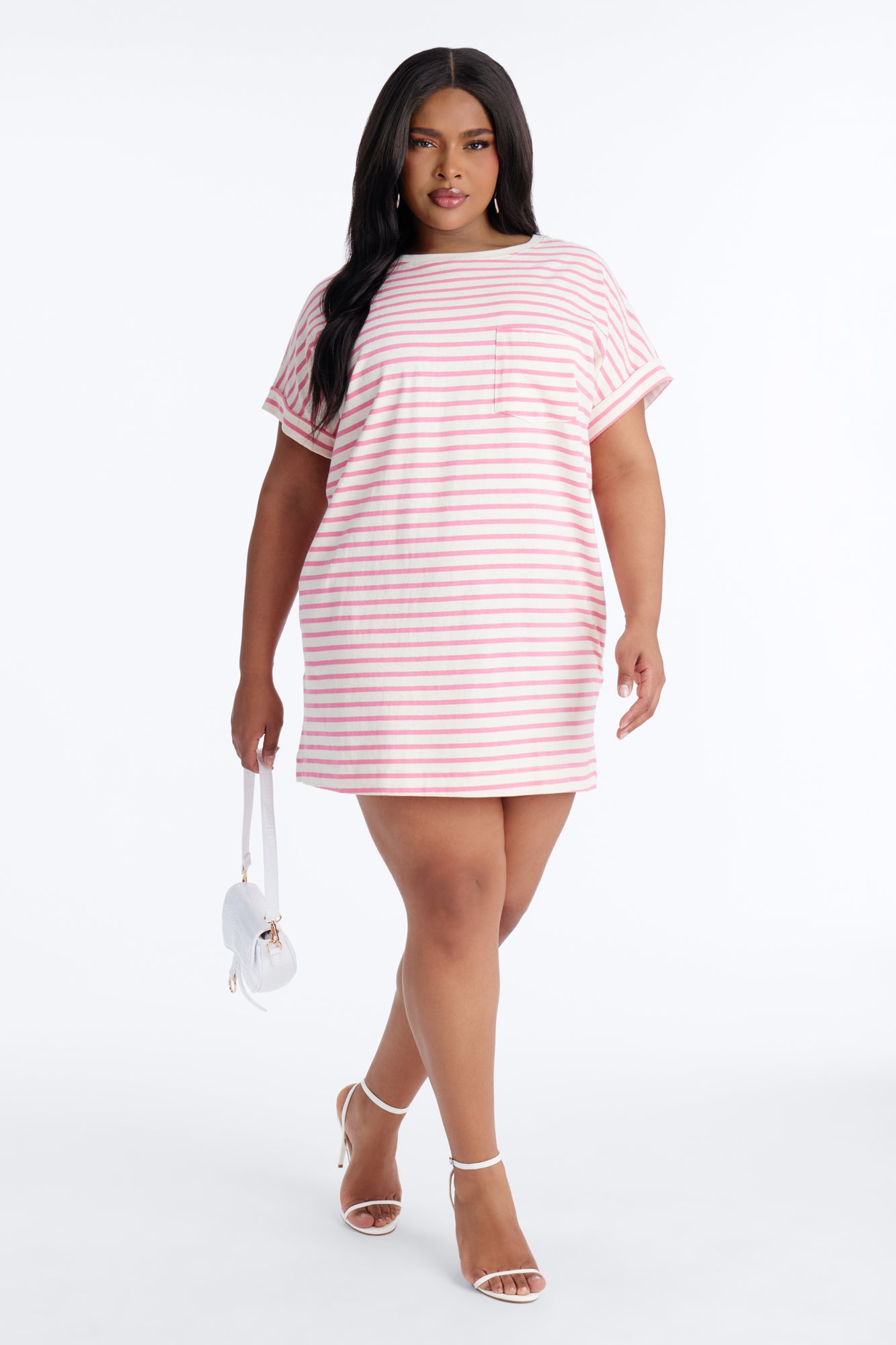 Raelynn Short Sleeve Cotton Shirt Mini Dress - White/Pink image 4