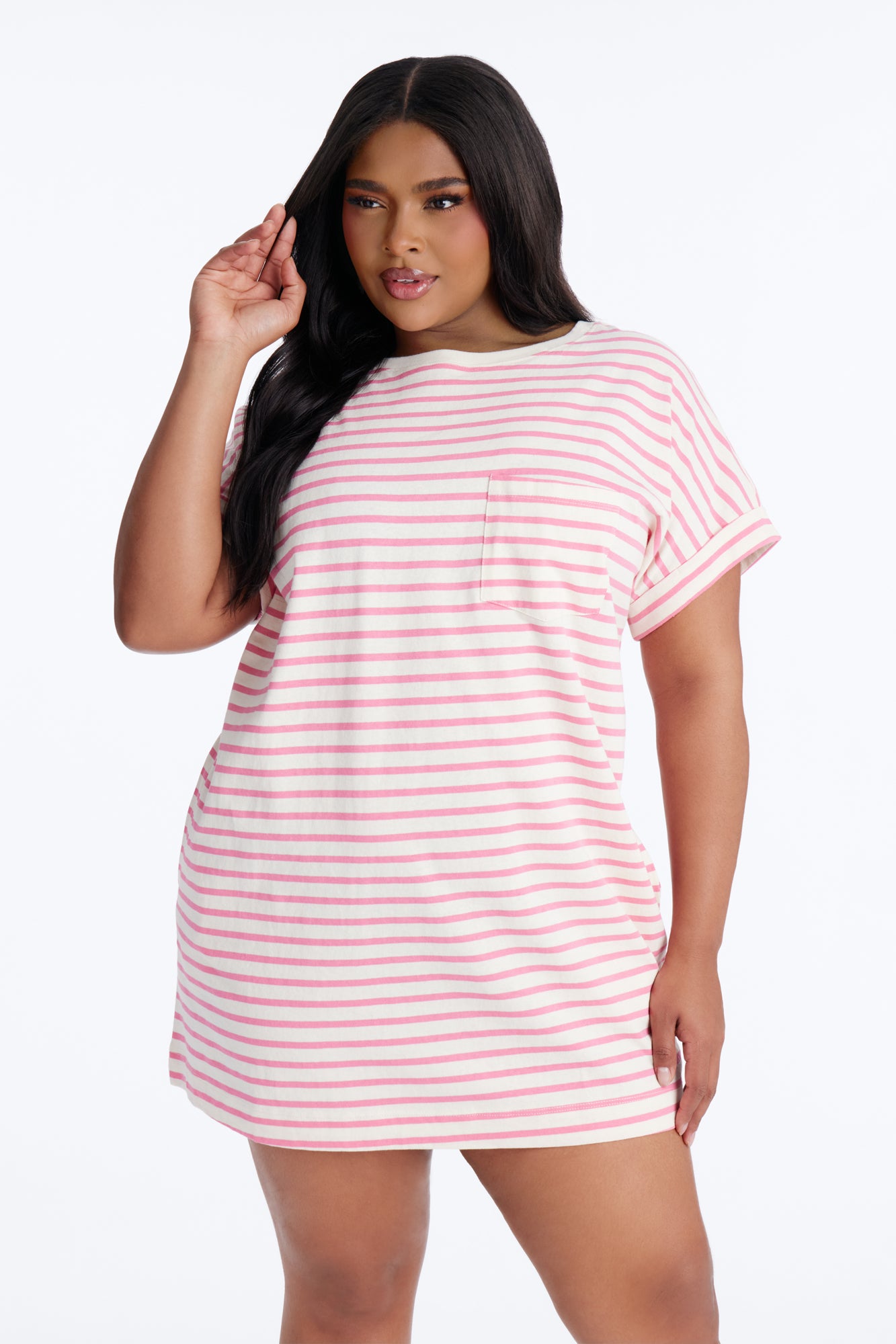Raelynn Short Sleeve Cotton Shirt Mini Dress - White/Pink image 5
