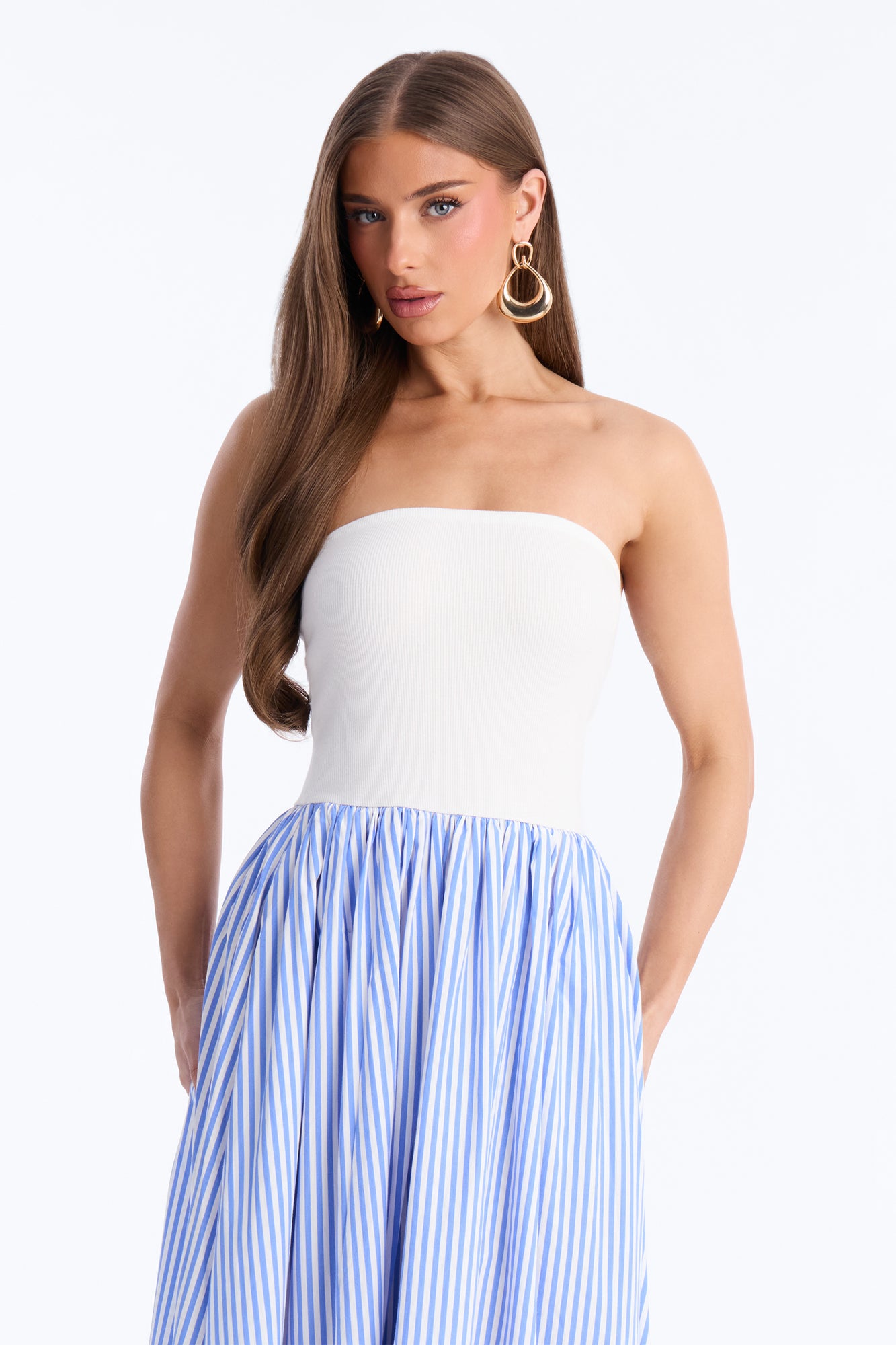 Kaia Strapless Poplin Maxi Dress - White/Blue image 2
