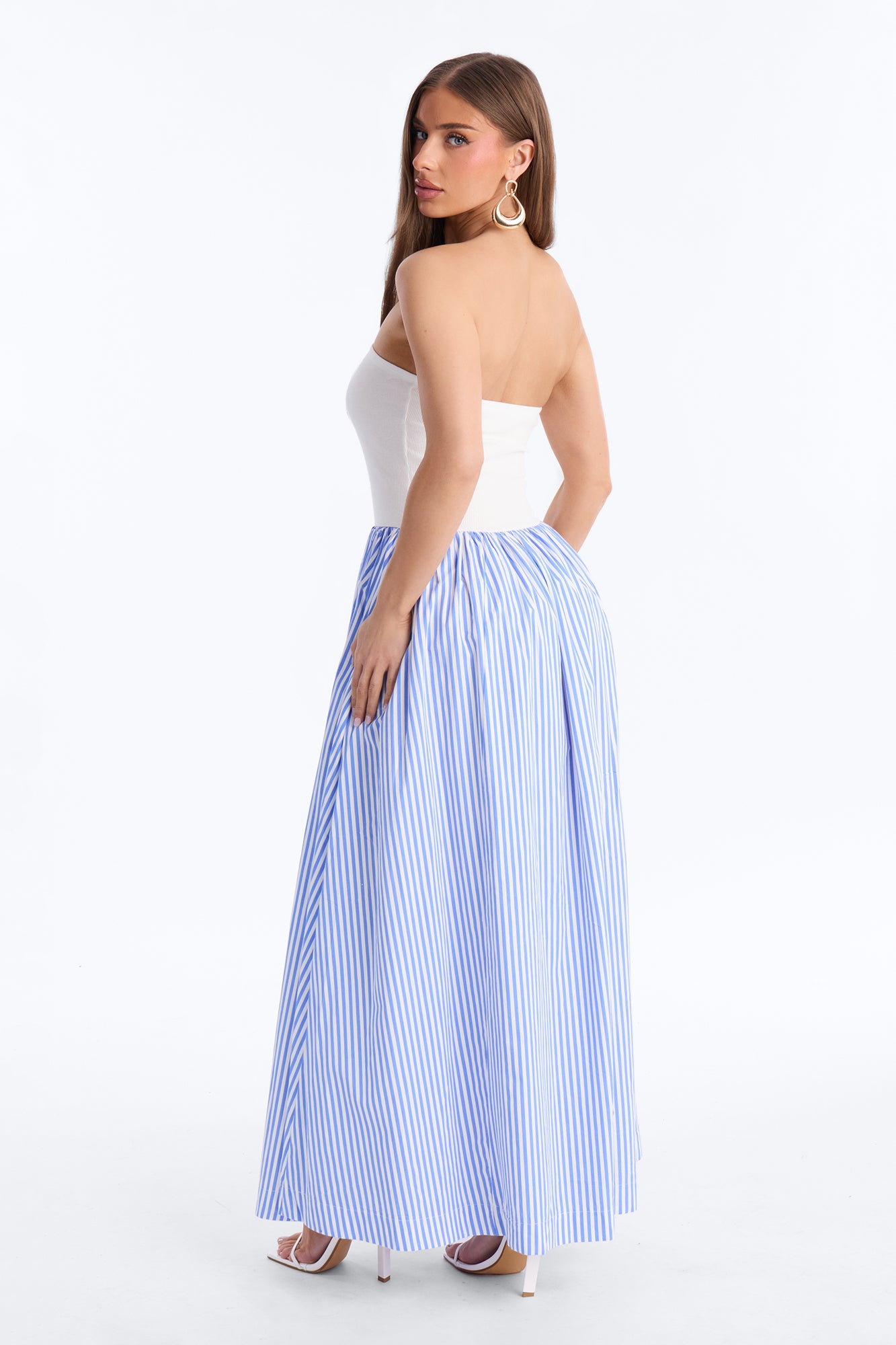Kaia Strapless Poplin Maxi Dress - White/Blue image 3