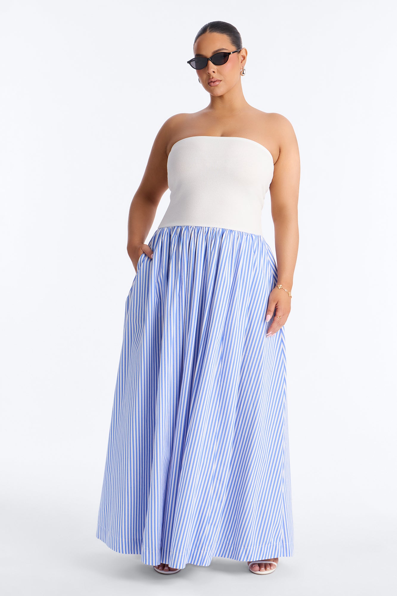 Kaia Strapless Poplin Maxi Dress - White/Blue image 4