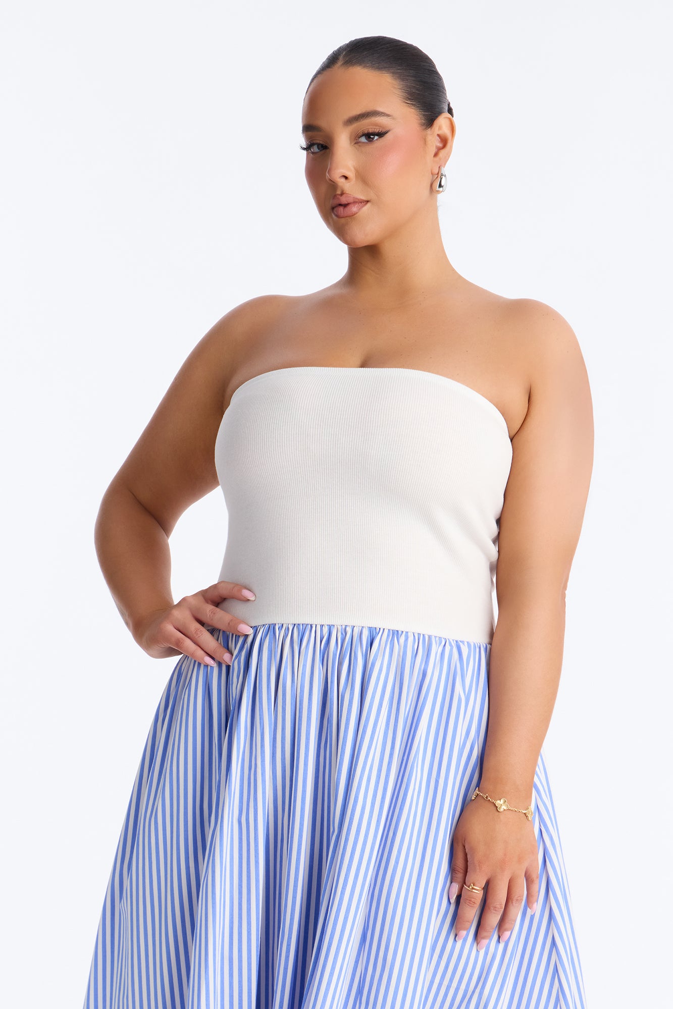 Kaia Strapless Poplin Maxi Dress - White/Blue image 5