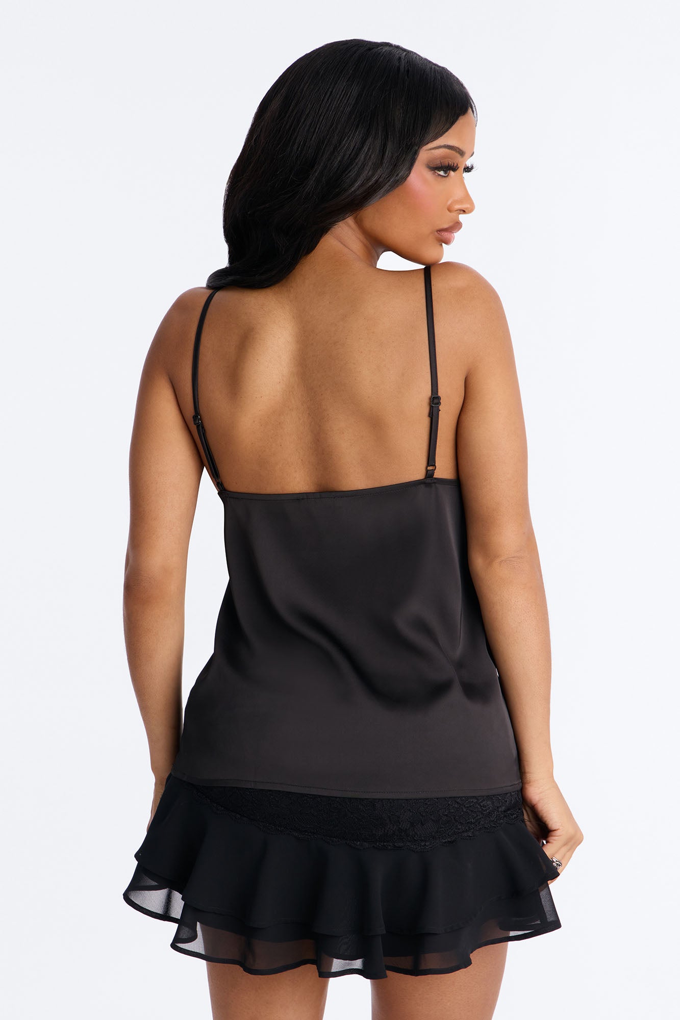 Little Secrets Lace Trim Satin Cami Top - Black image 4