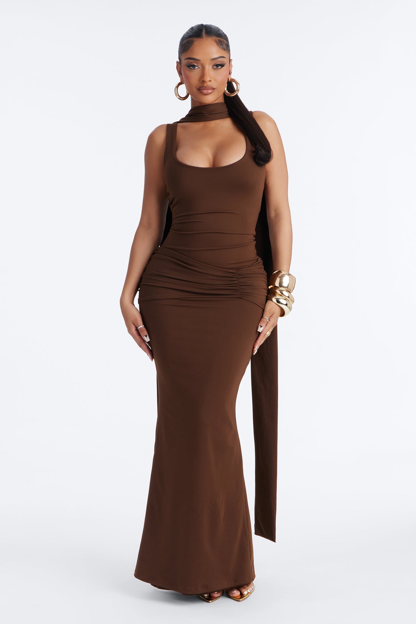 Bianca Matte Form Double Lined Neck Scarf Maxi Dress - Chocolate
