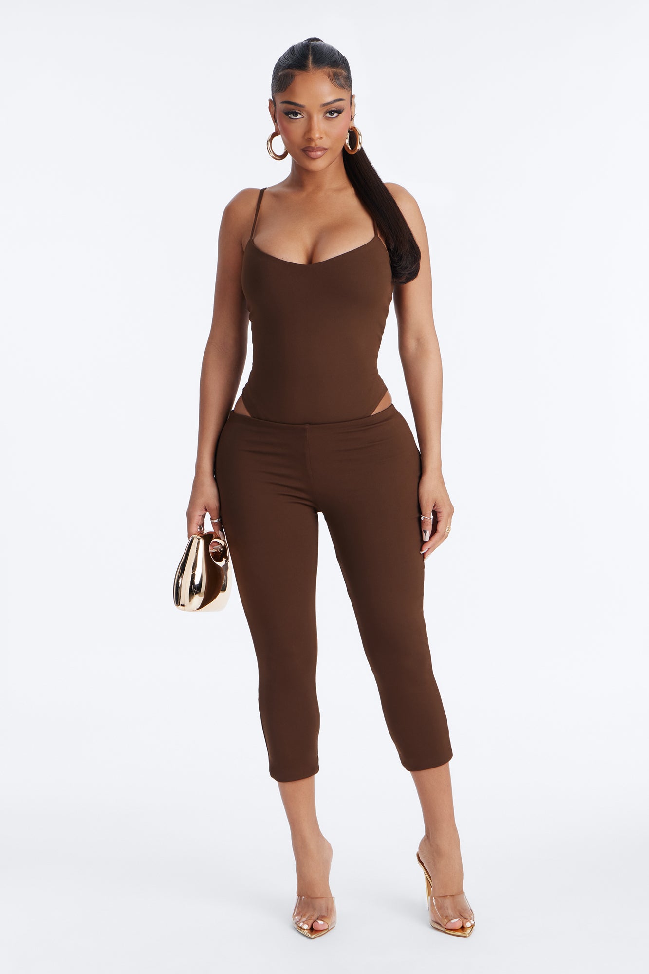 Bianca Matte Form Double Lined Low Rise Capri Set - Chocolate