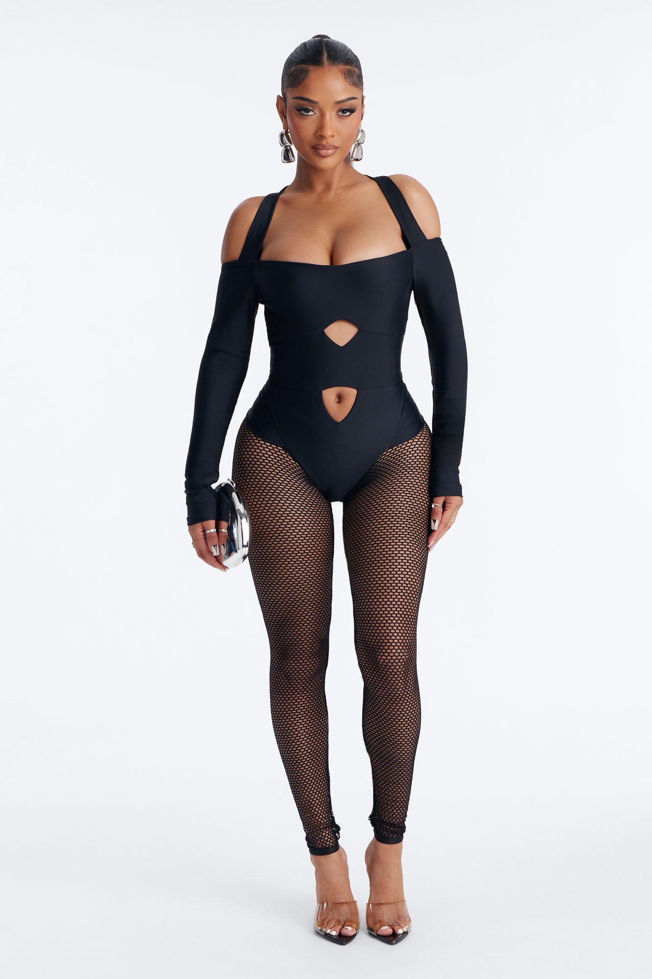 Roxy Form Double Lined Bodysuit Fishnet Set - Black
