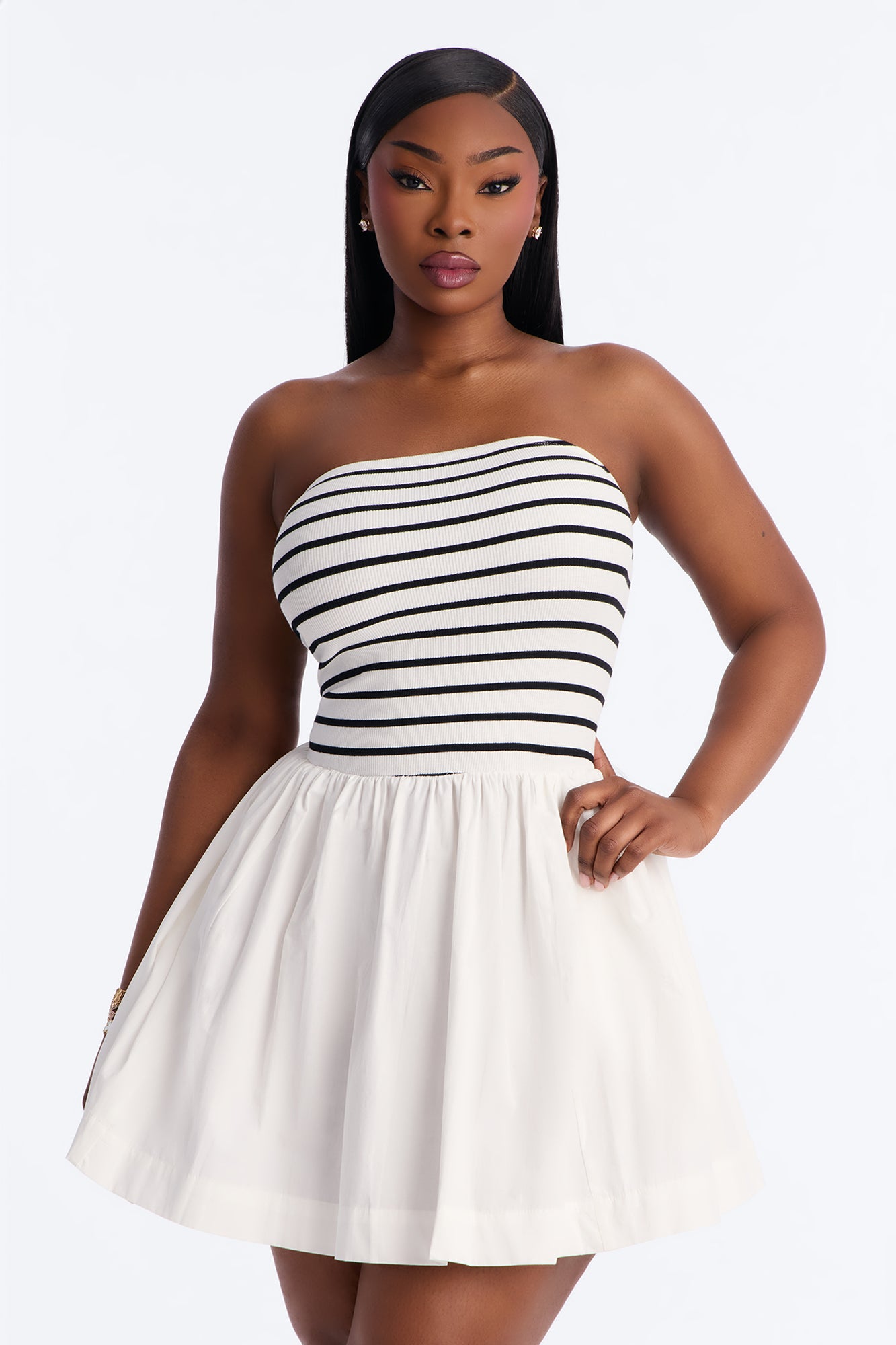 Reagan Strapless Striped Mini Dress - White/Black image 5