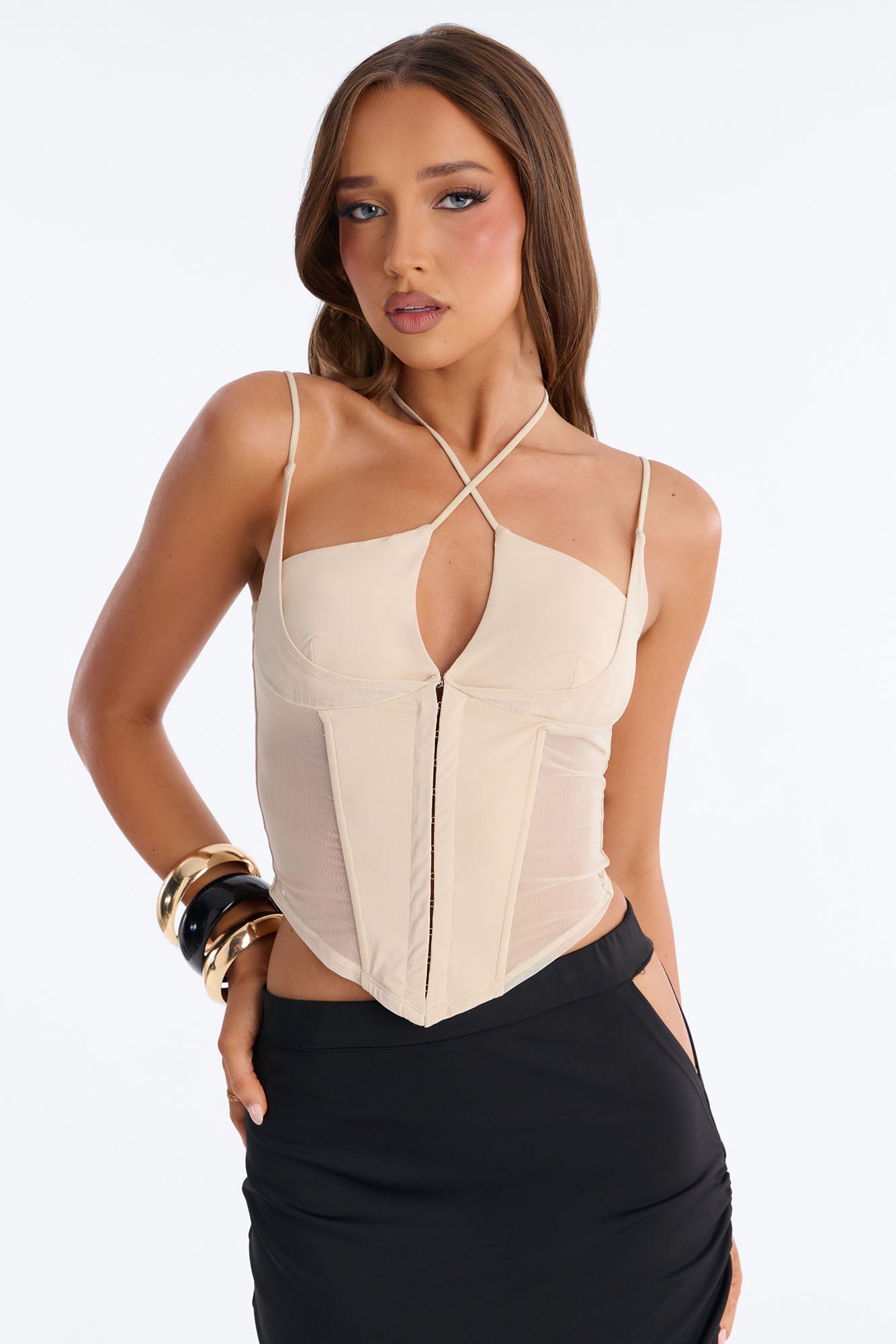 Amaya Mech Cut Out Corset Top - Stone
