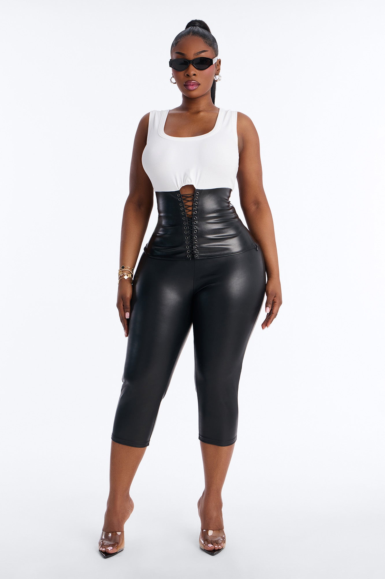 No Apologies Faux Leather Lace Up Tank Top - White/Black image 6