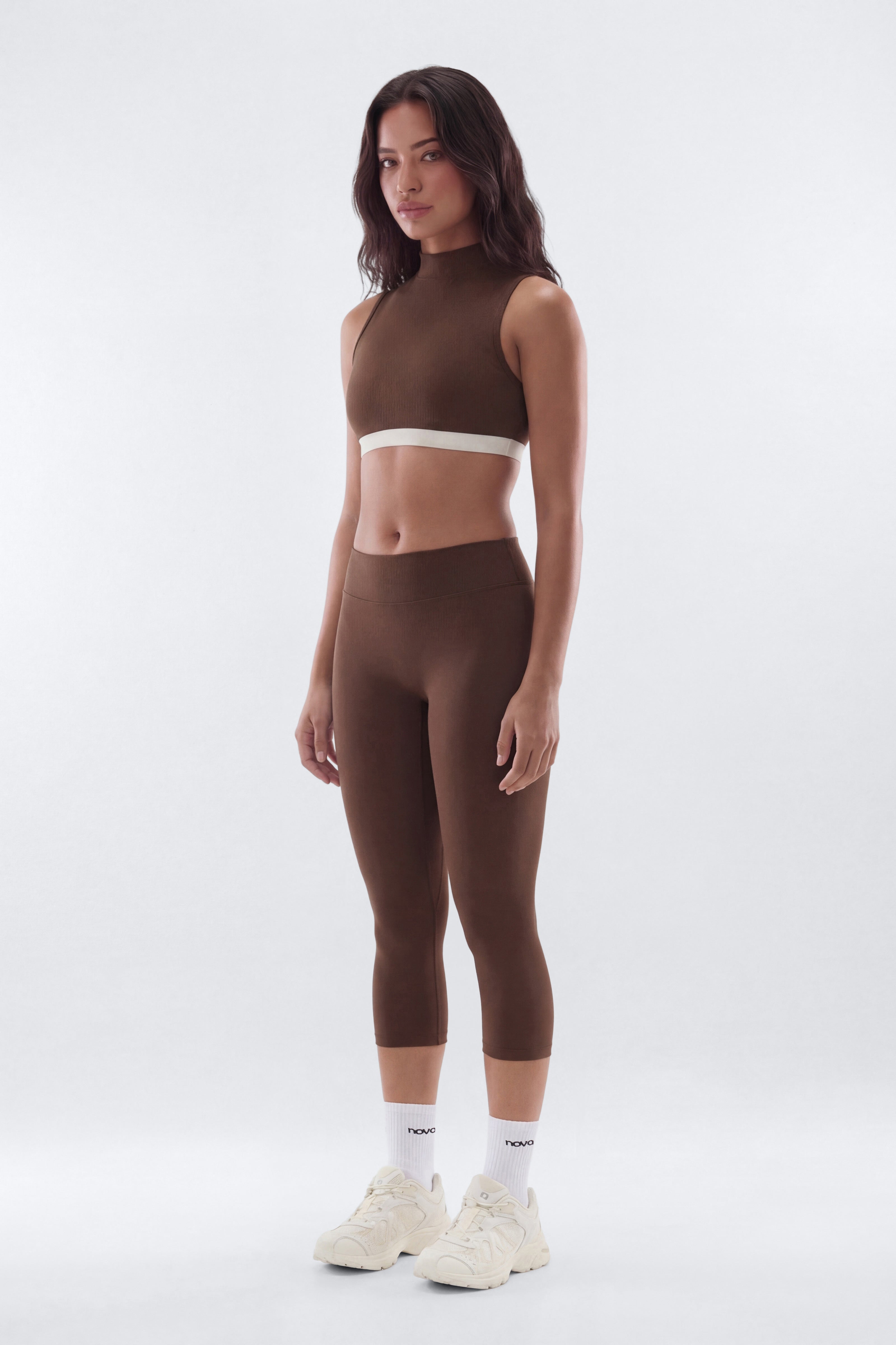 CloudForm™ High Neck Contrast Sports Top - Brown Combo image 2