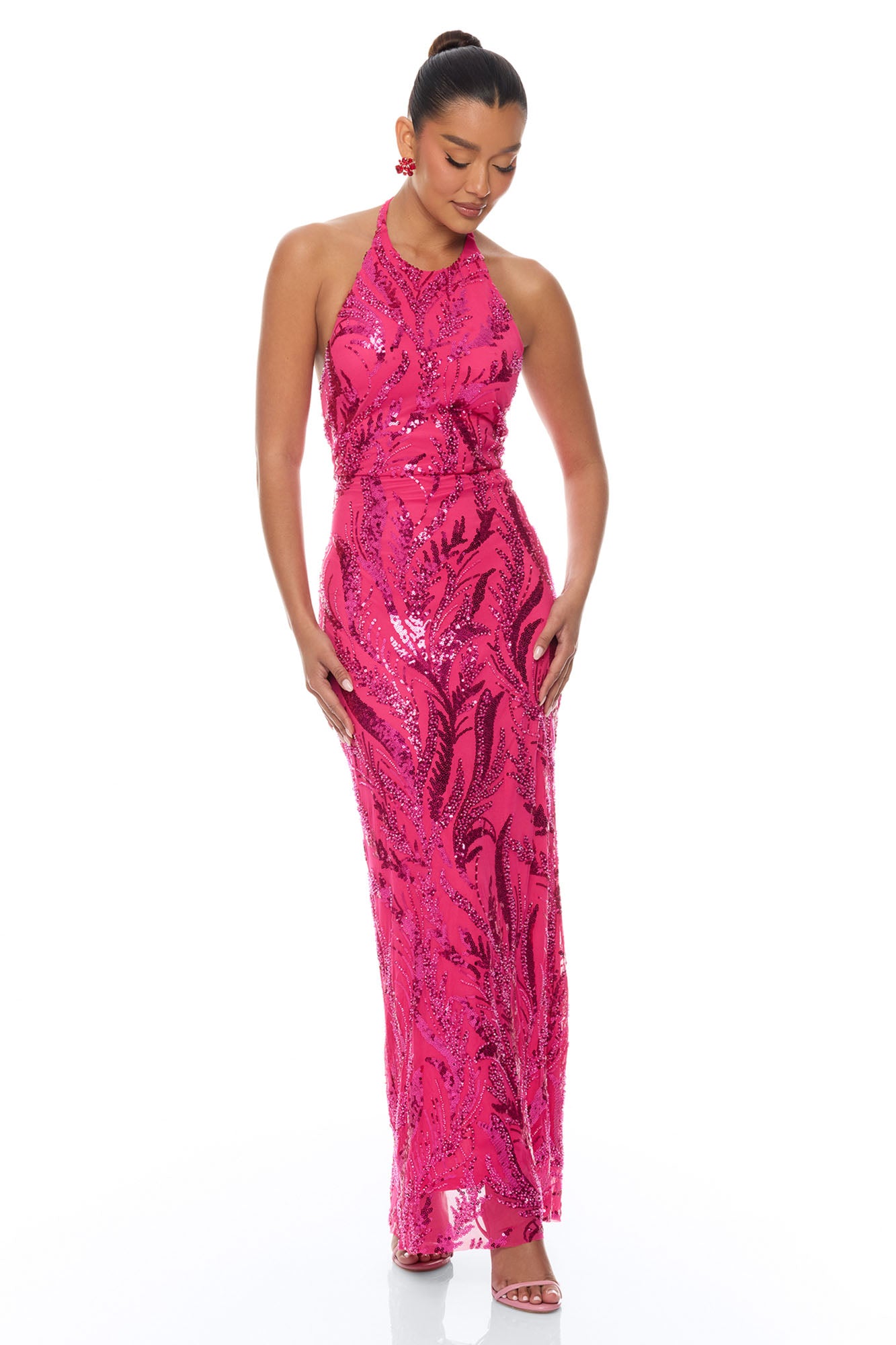 Darrah Halter Embellished Maxi Dress - Hot Pink
