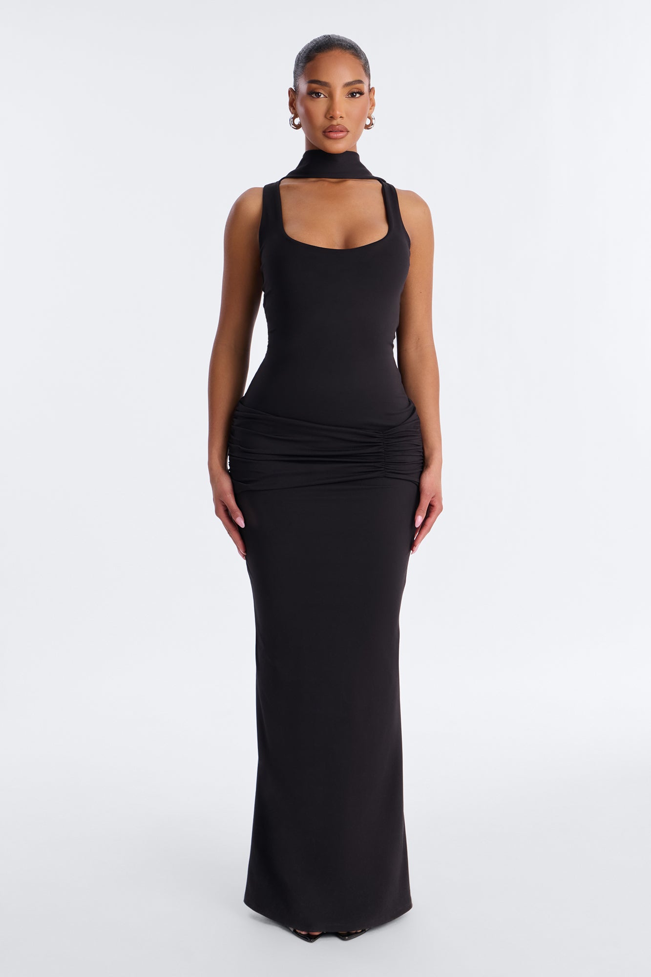 Bianca Matte Form Double Lined Neck Scarf Maxi Dress - Black