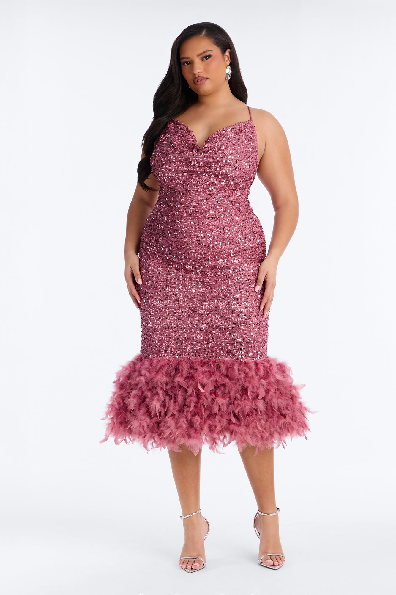 Zoey Feathered Sequin Midi Dress - Mauve image 5
