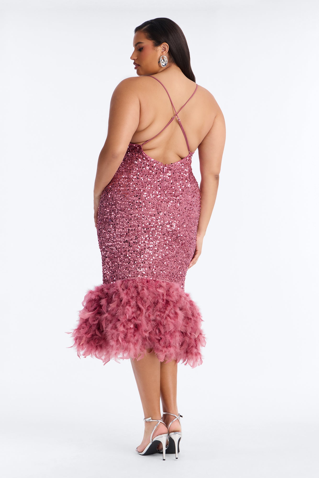 Zoey Feathered Sequin Midi Dress - Mauve image 8