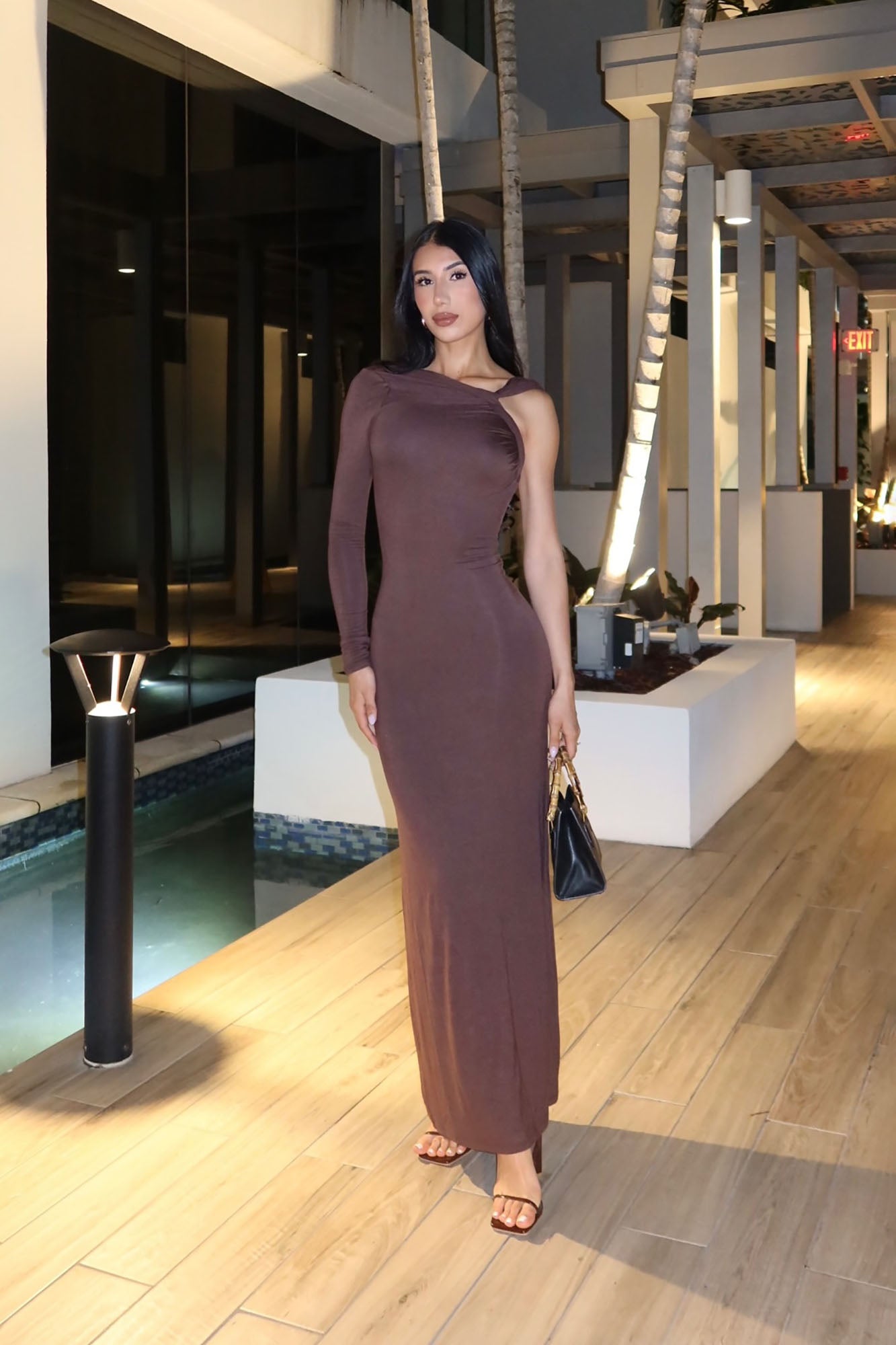 Clean Whisper One Shoulder Maxi Dress - Chocolate image 2