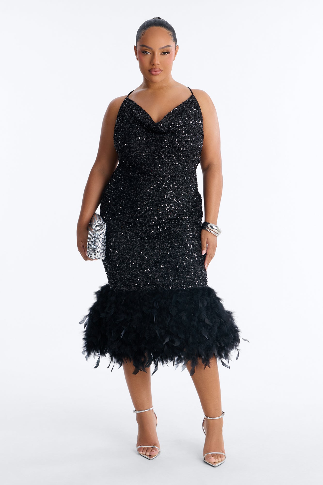 Zoey Feathered Sequin Midi Dress - Black image 4