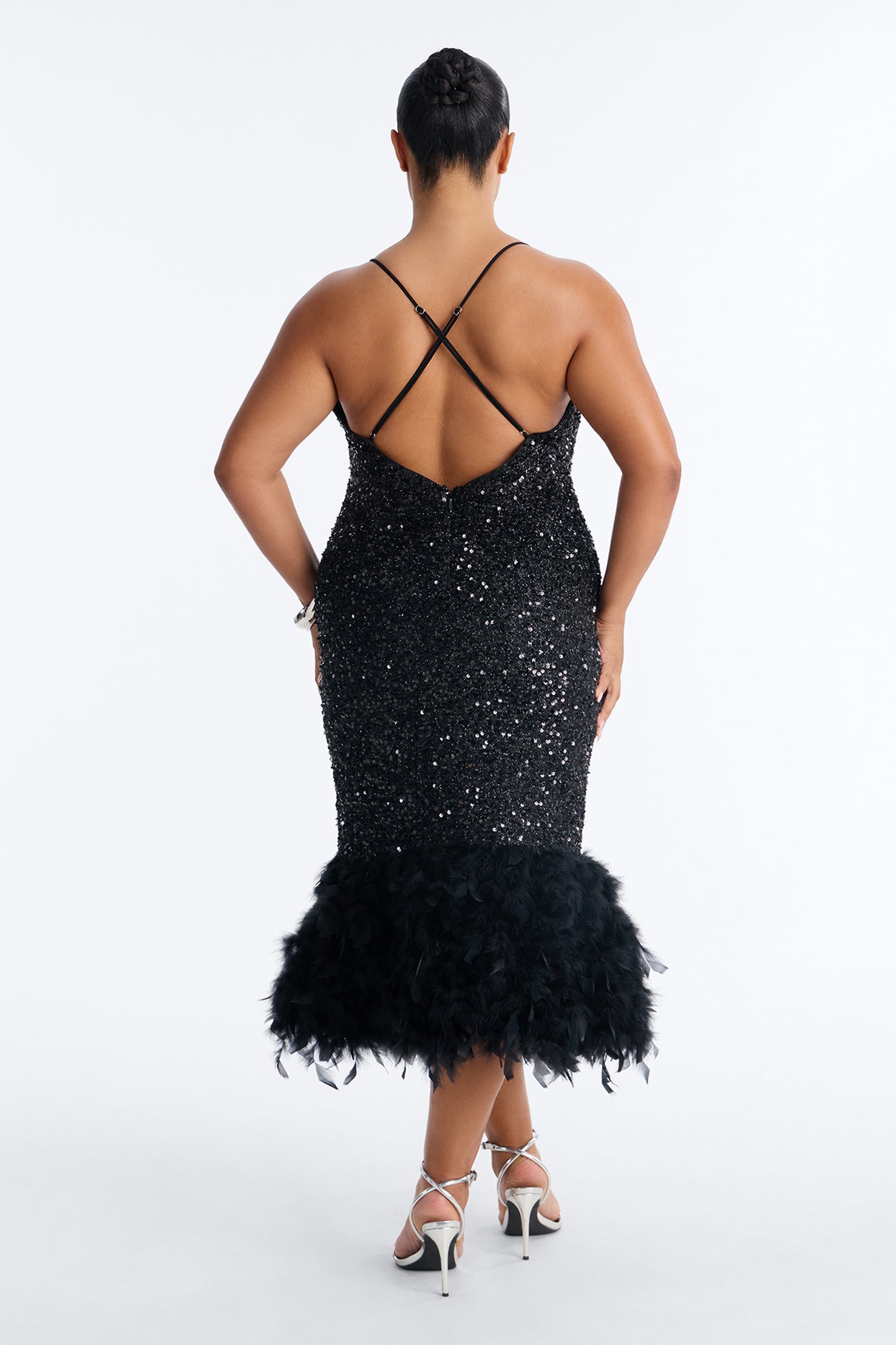 Zoey Feathered Sequin Midi Dress - Black image 7