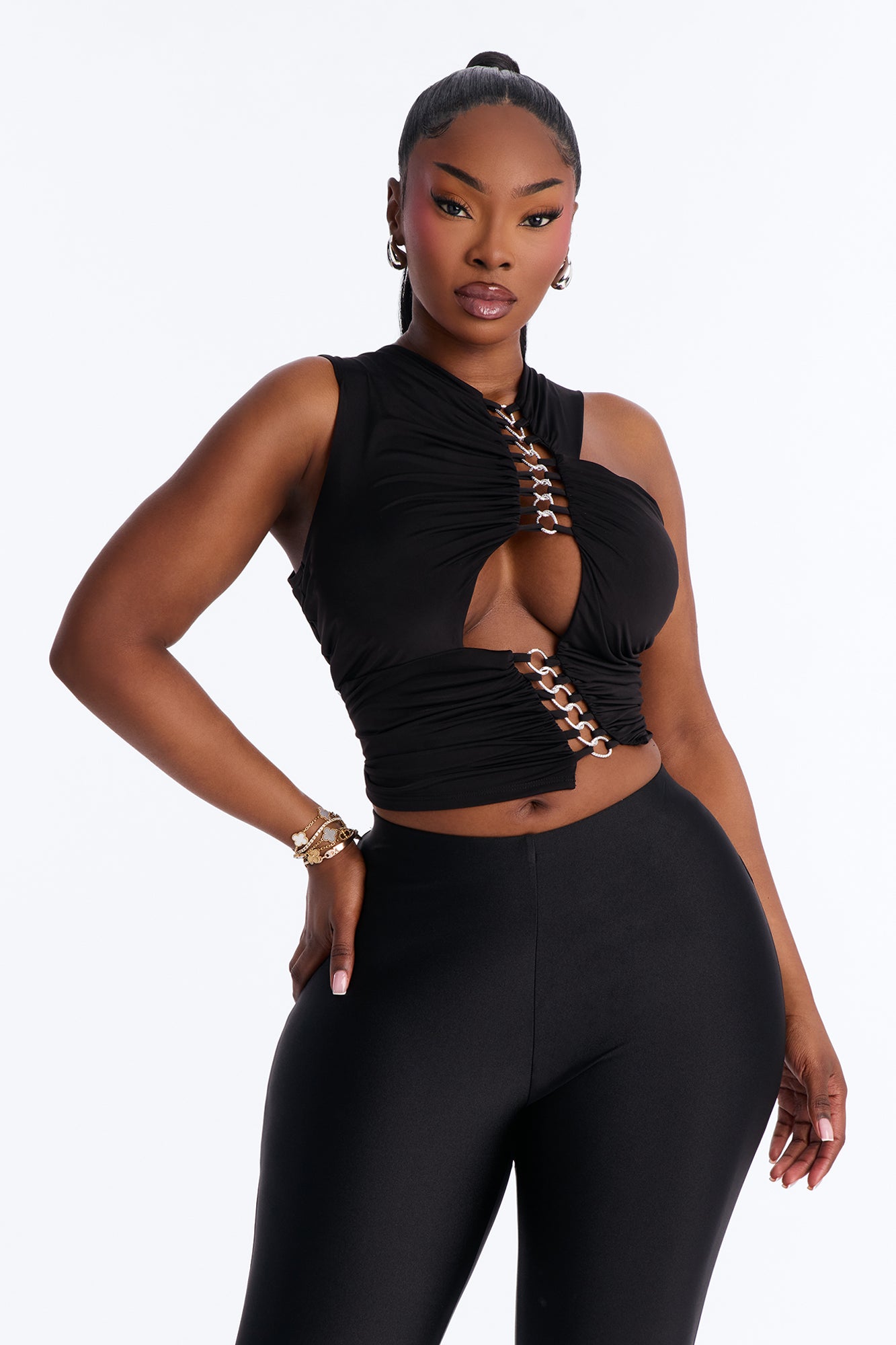 Power Link Cut Out Ruched Chain Top - Black image 6