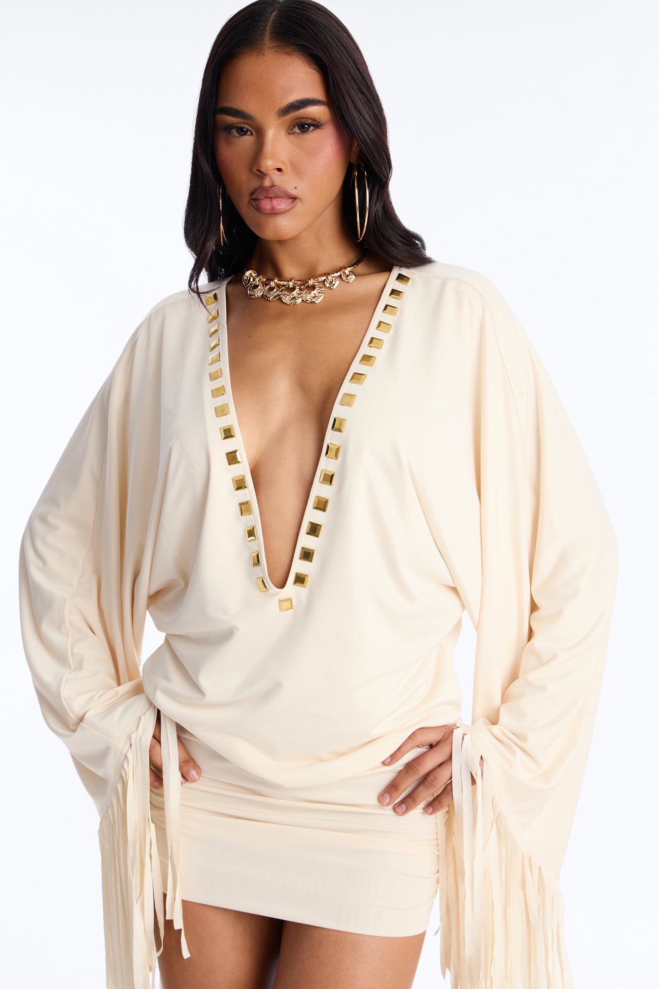 Cleo Studded Fringe Mini Dress - Cream