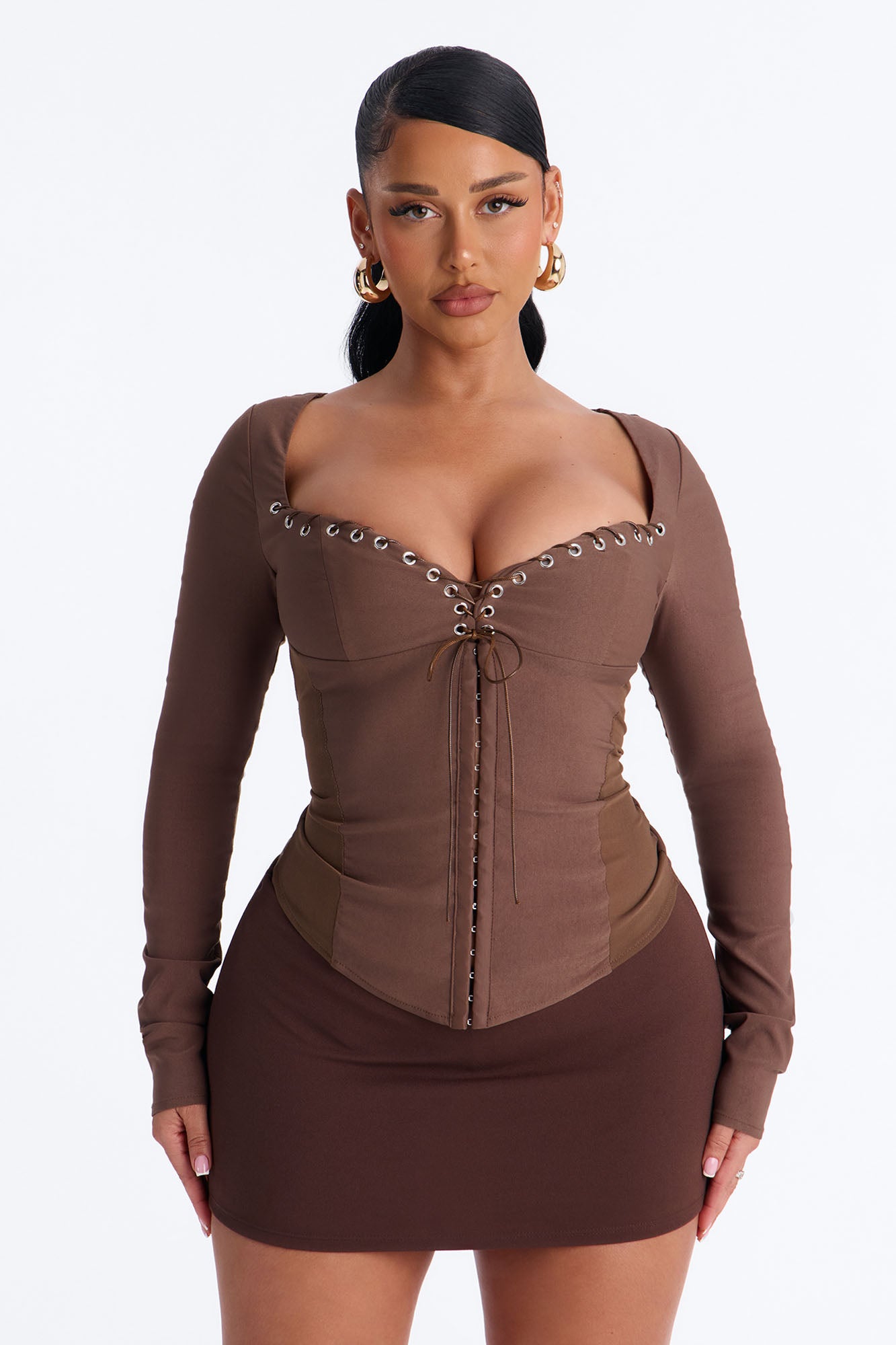 Janet Lace Up Corset Long Sleeve Top - Chocolate