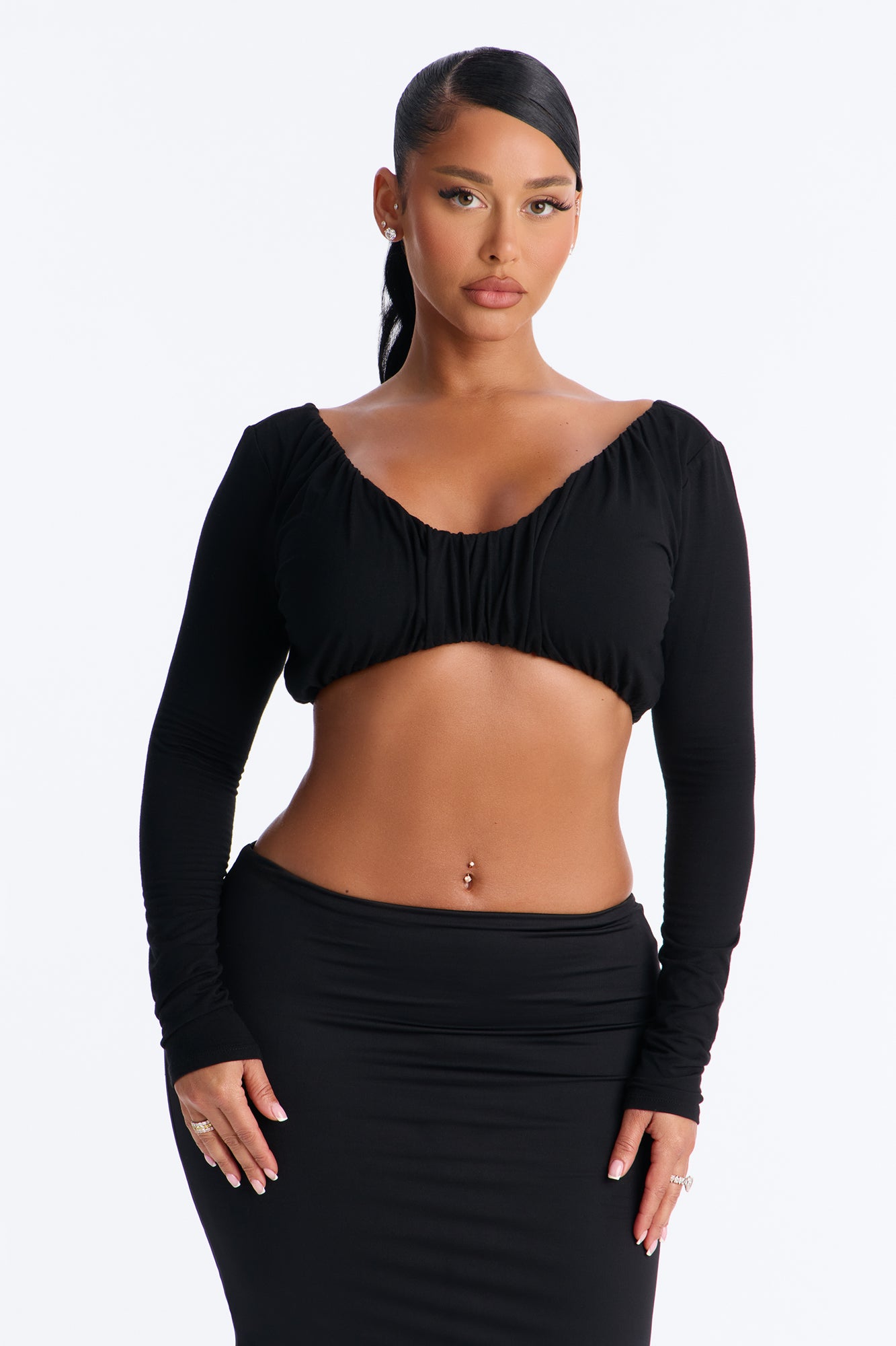 Skye Ruched Scoop Neck Long Sleeve Crop Top - Black