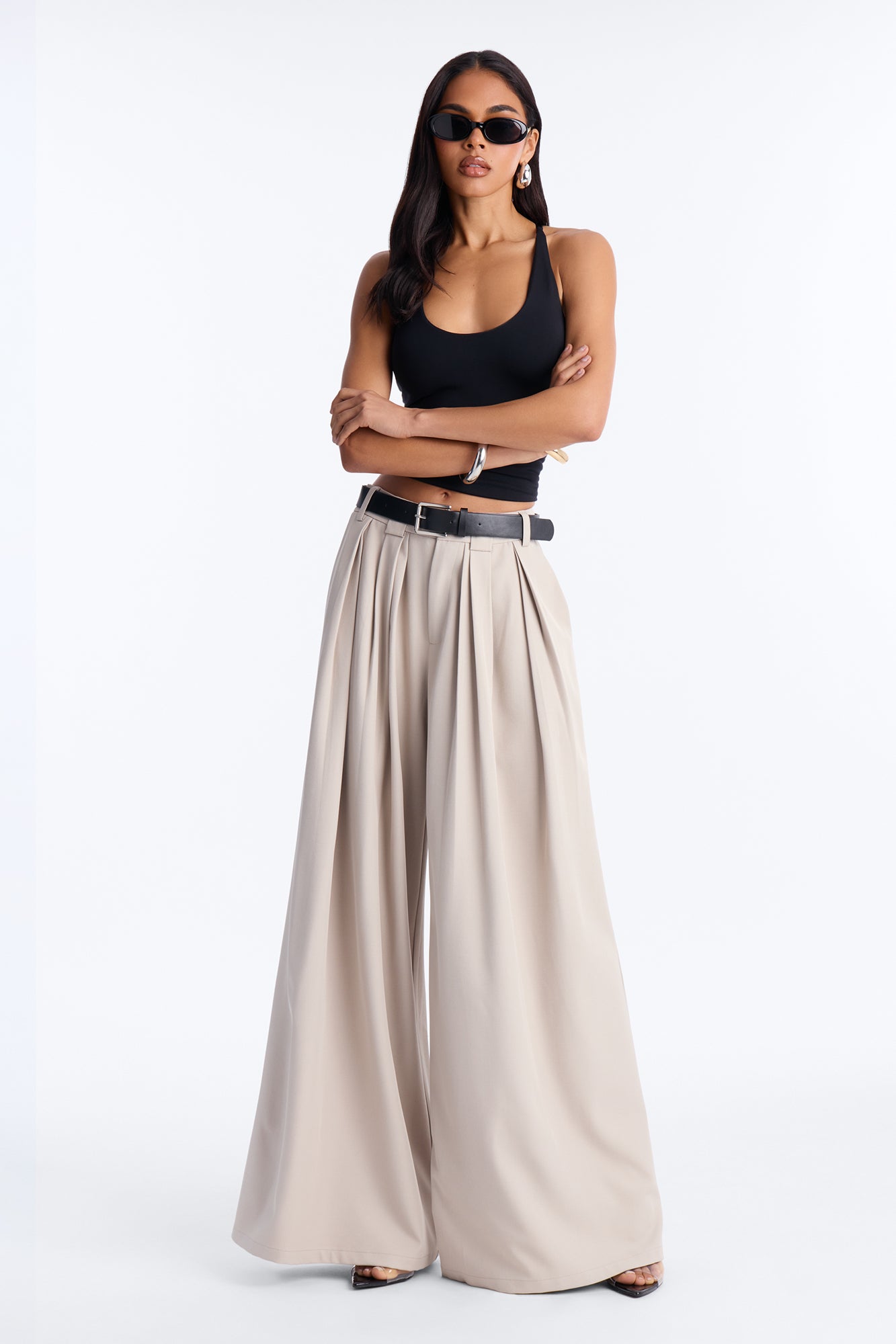 No Brainer Belted Wide Leg Pleated Pant - Stone