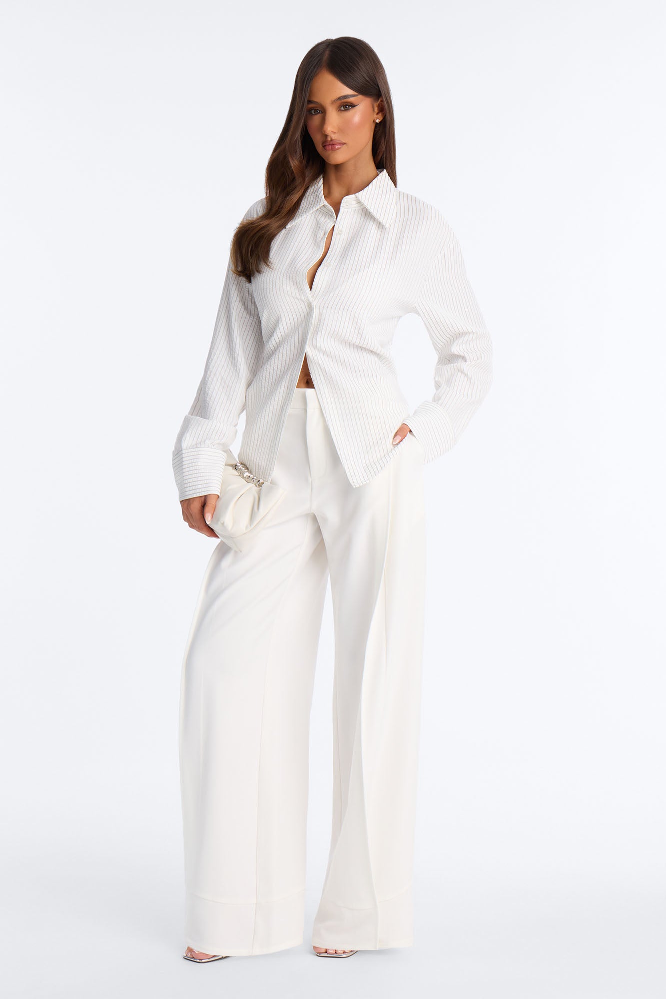 Anya Double Side Pleat Button Hem Trouser 33″ - White