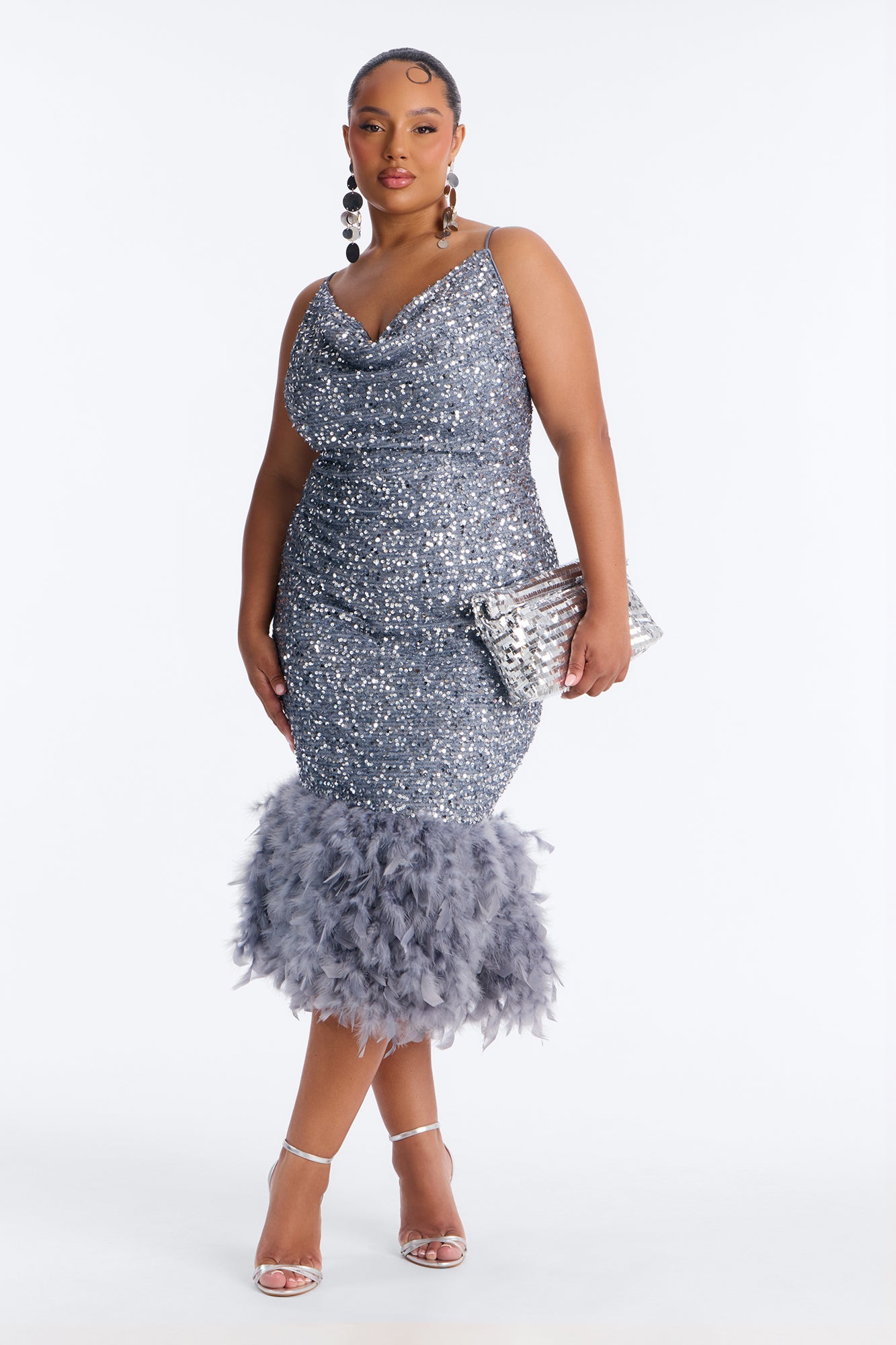 Zoey Feathered Sequin Midi Dress - Grey image 4