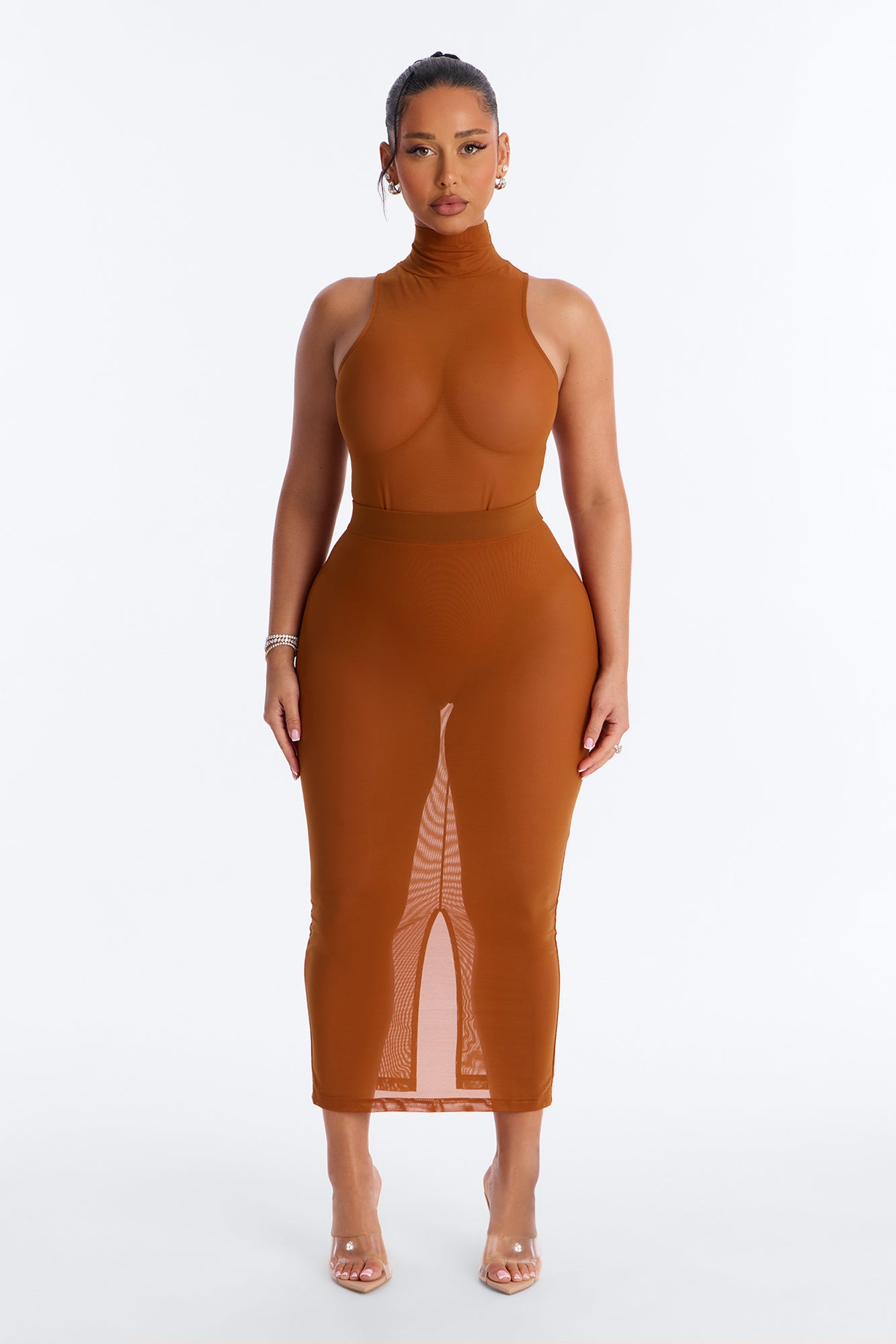 Power Mesh Turtle Neck Sleeveless Bodysuit - Copper image 3