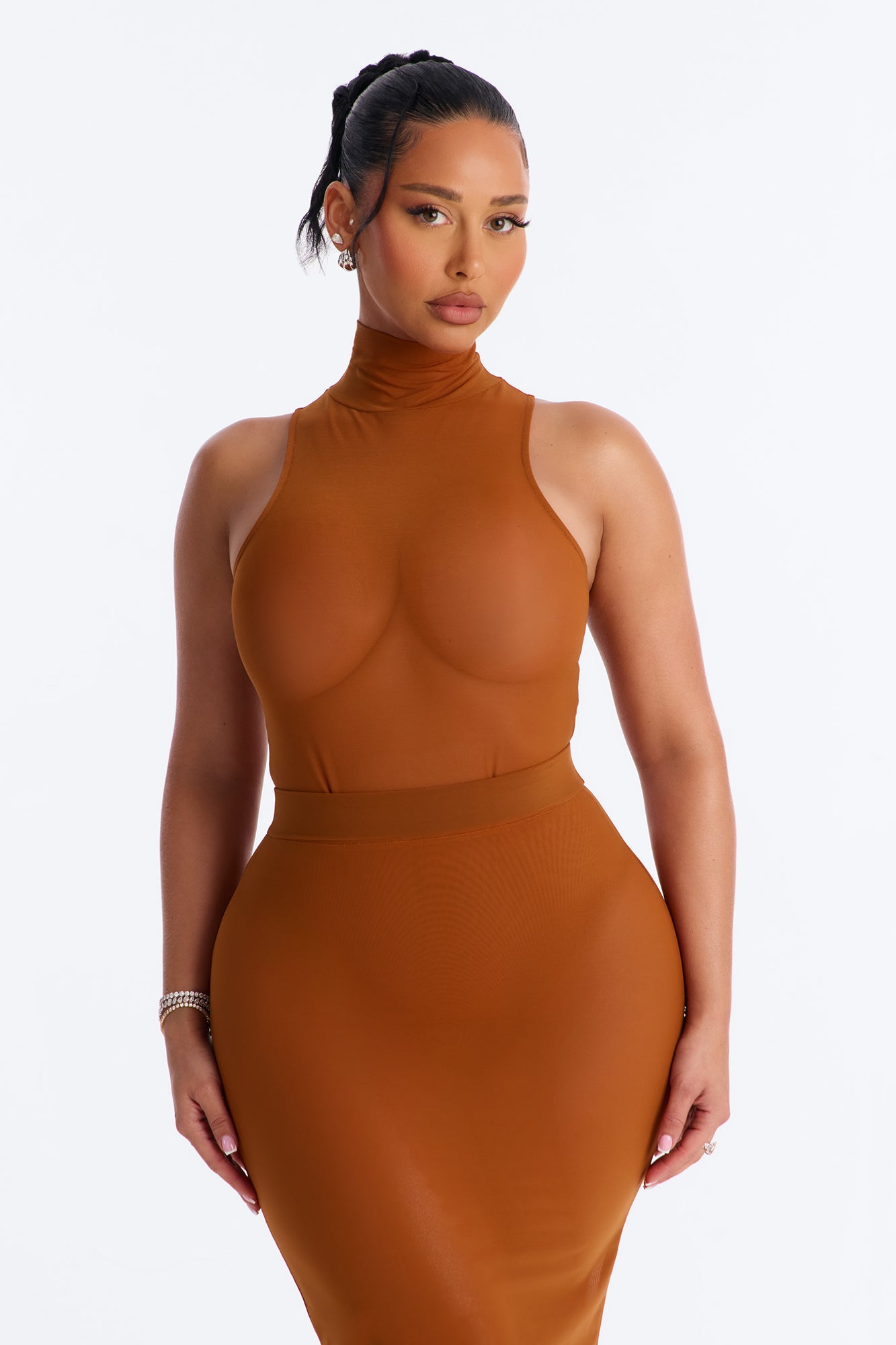 Power Mesh Turtle Neck Sleeveless Bodysuit - Copper image 2