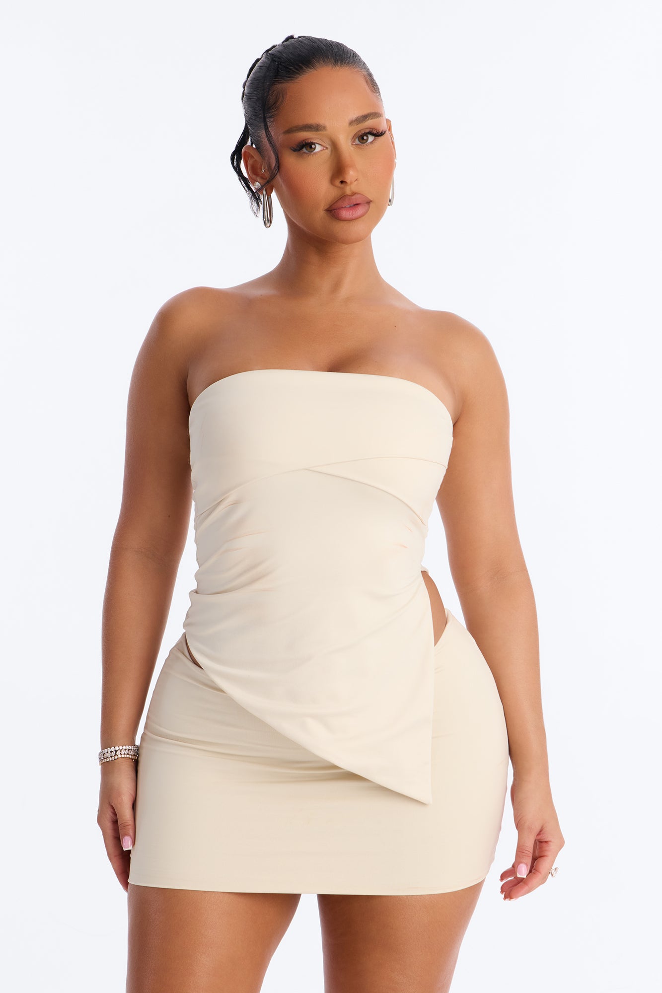Contour Double Lined Asymmetrical Split Tube Top - Bone image 2
