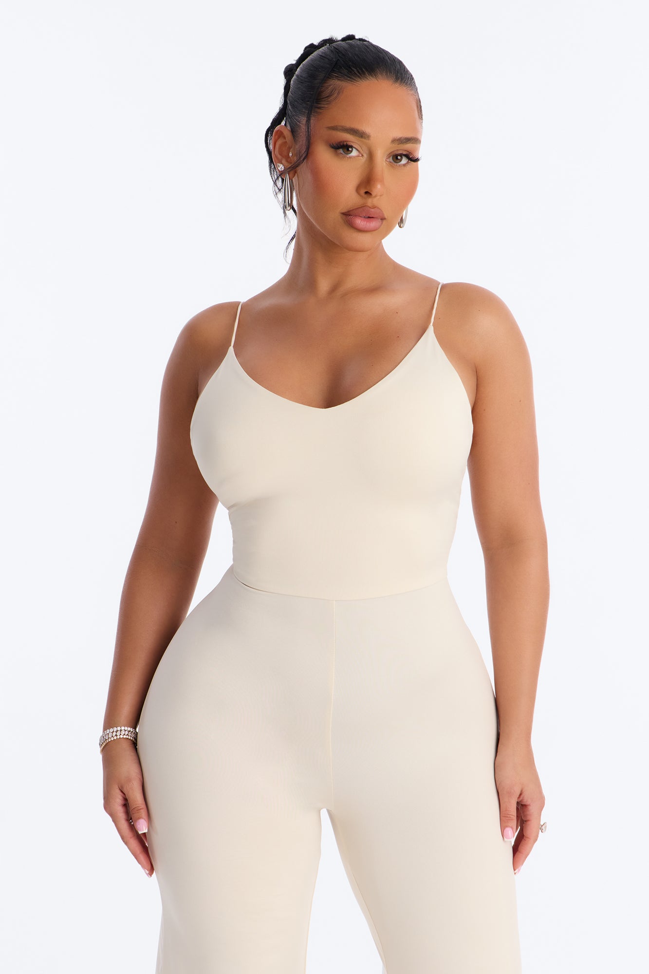 Contour Double Lined Spaghetti Strap Scoop Neck Jumpsuit - Bone image 2