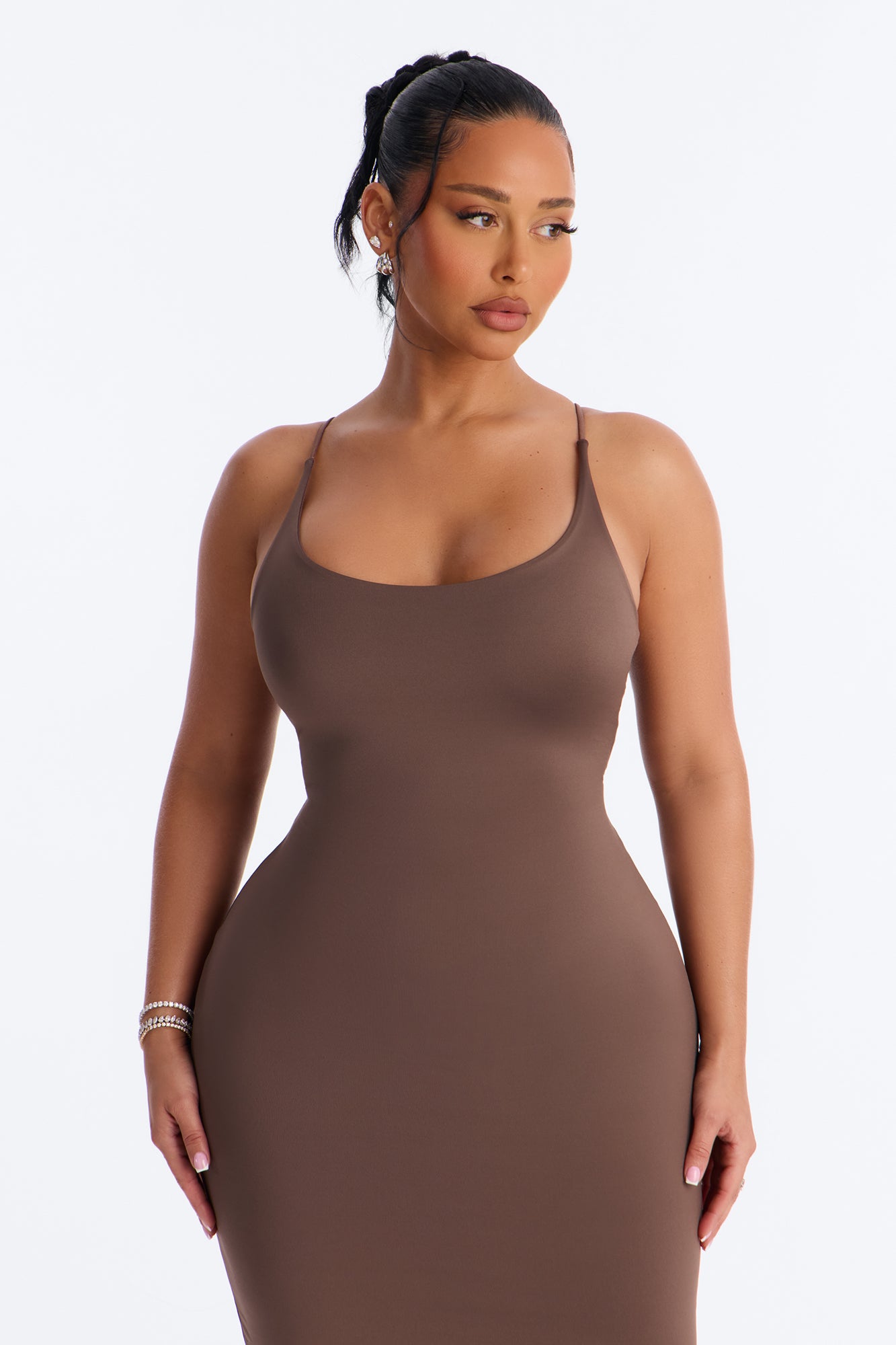 Contour Double Lined Scoop Neck Spaghetti Strap Maxi Dress - Brown image 2