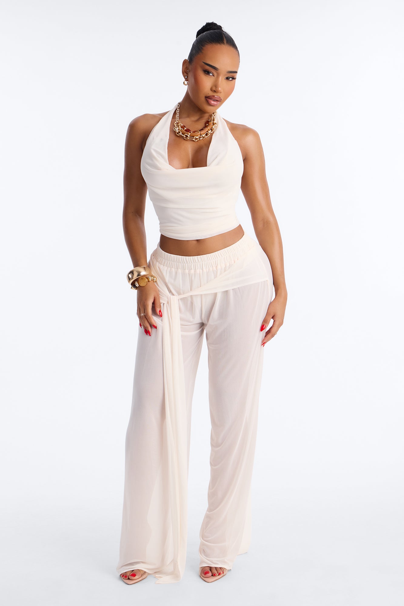 Sheer Obsession Mesh 3 Piece Pant Set - Cream