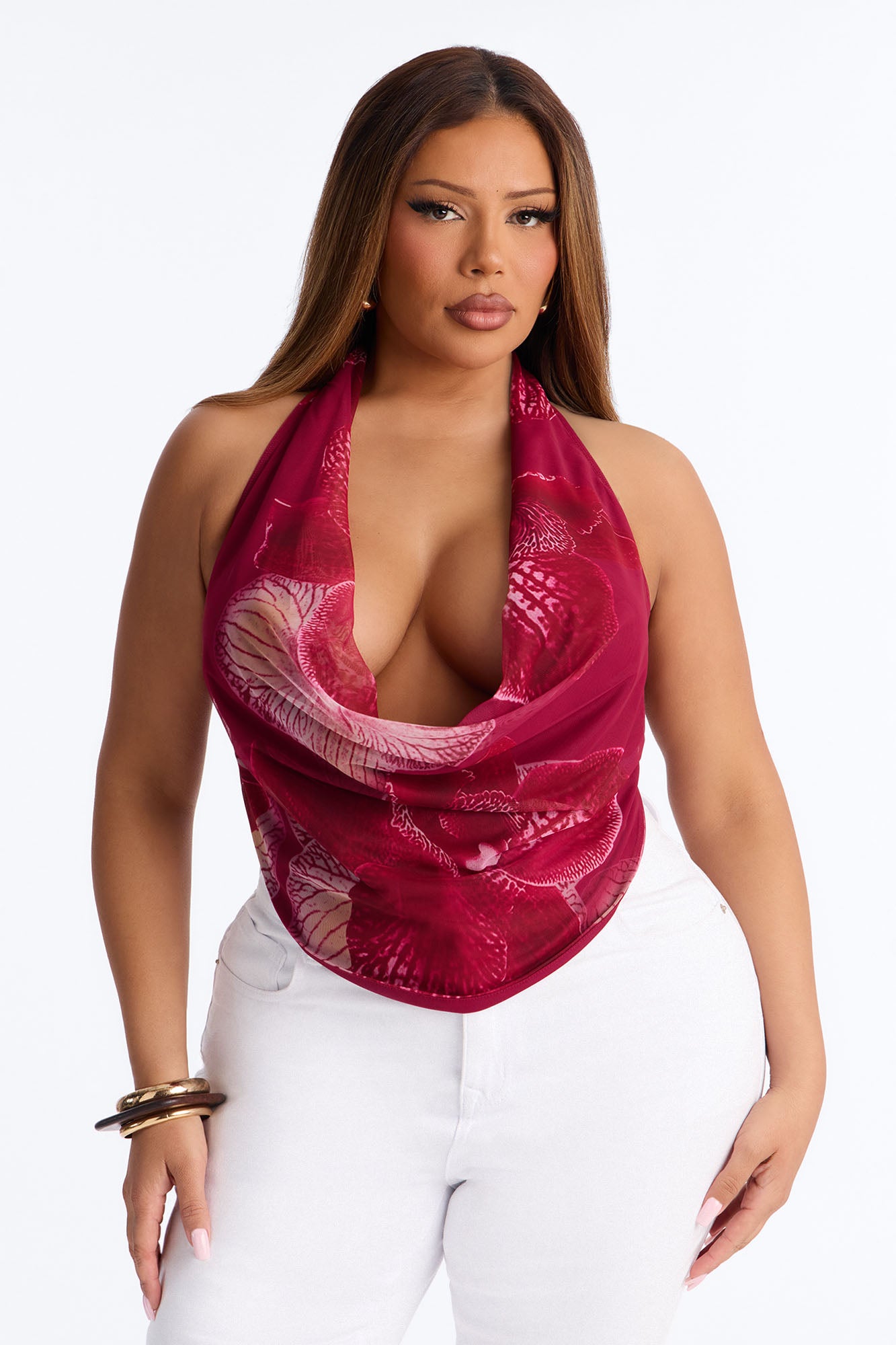 Kauai Mesh Cowl Neck Halter Top - Fuchsia/combo image 5