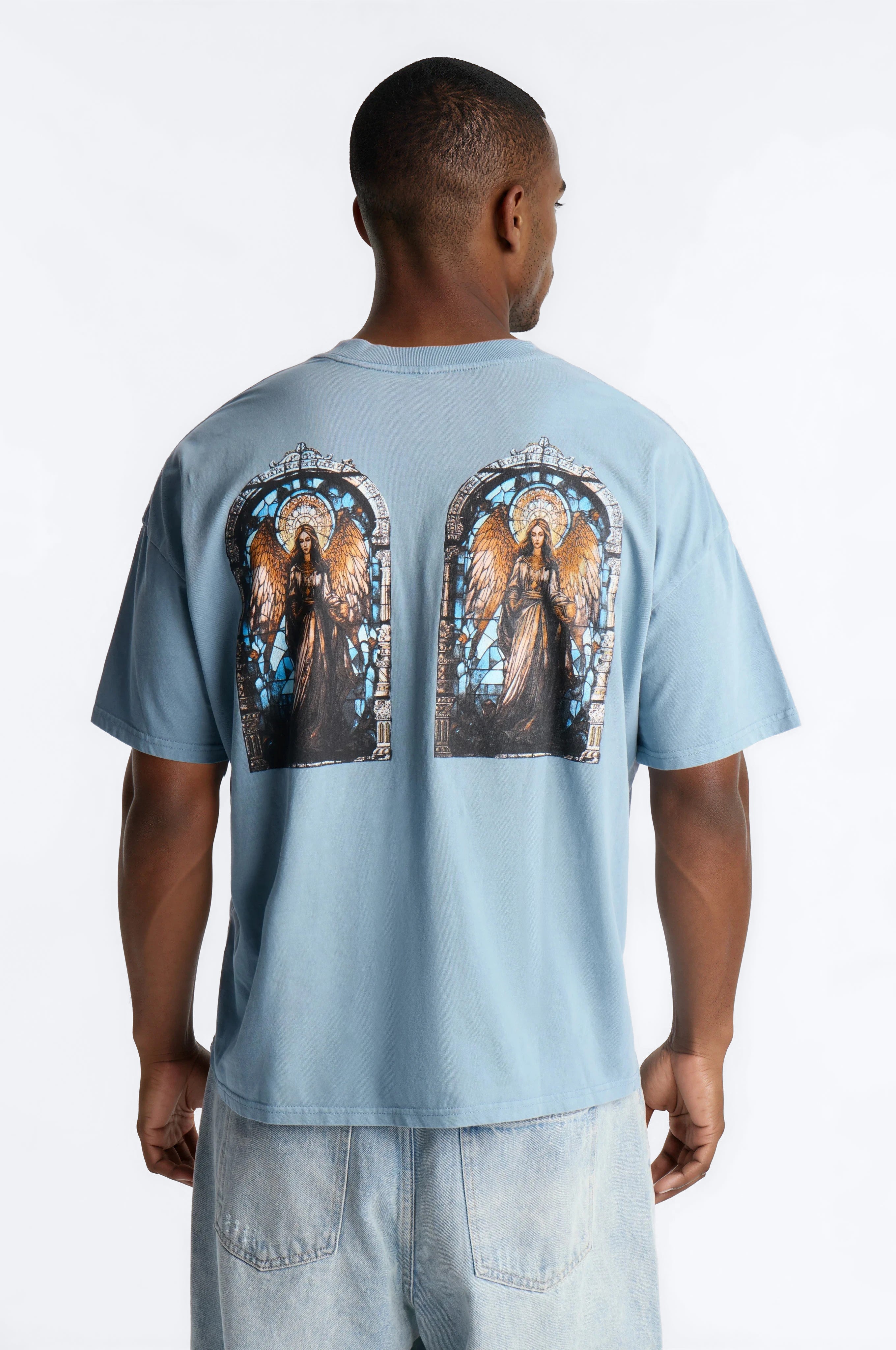 Hope Dept Angel Stained Colored Glass Vintage Oversized Print Short Sleeve Tee - Indigo