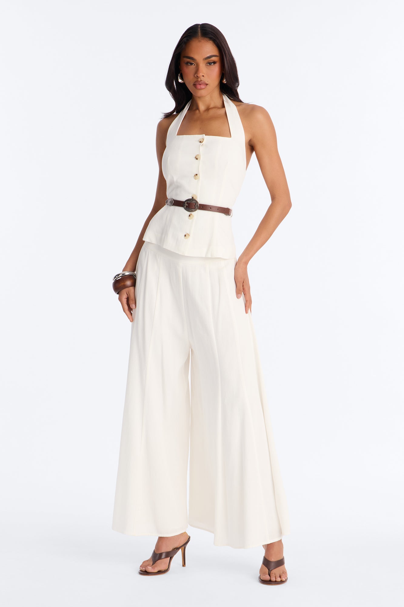 Beatrice Belted Halter Pant Set - White
