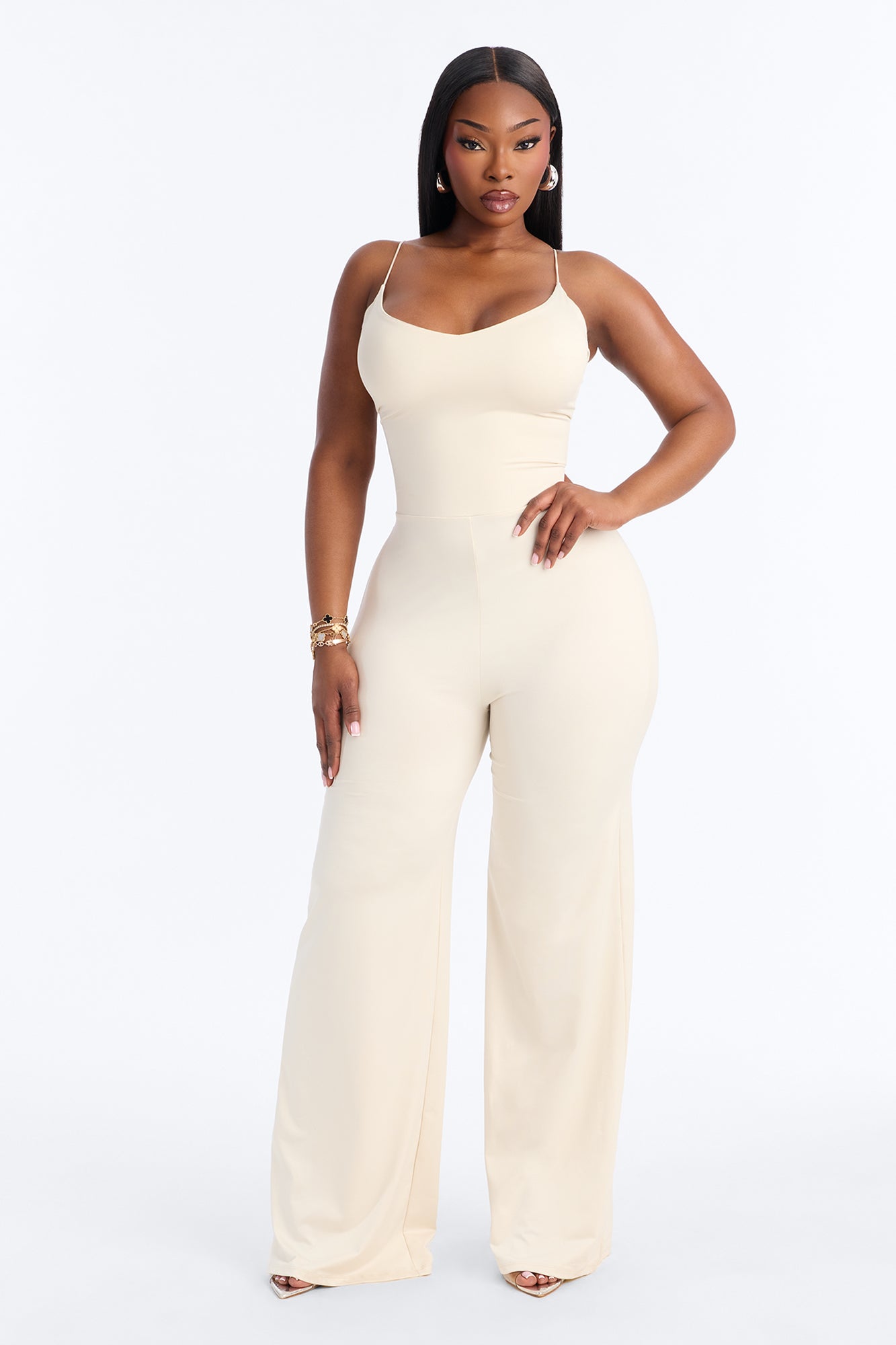 Contour Double Lined Spaghetti Strap Scoop Neck Jumpsuit - Bone image 5