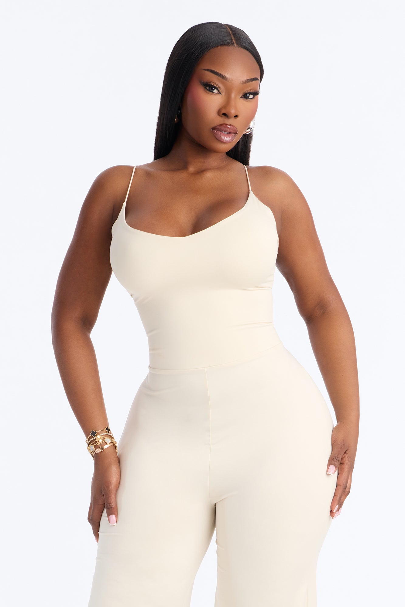 Contour Double Lined Spaghetti Strap Scoop Neck Jumpsuit - Bone image 6