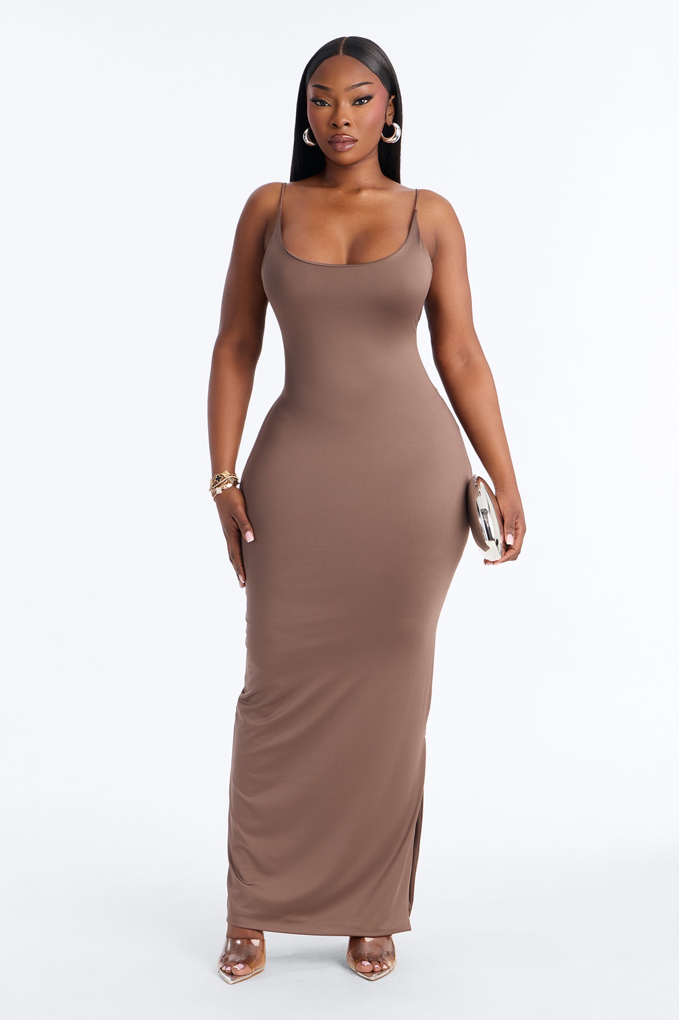 Contour Double Lined Scoop Neck Spaghetti Strap Maxi Dress - Brown image 5