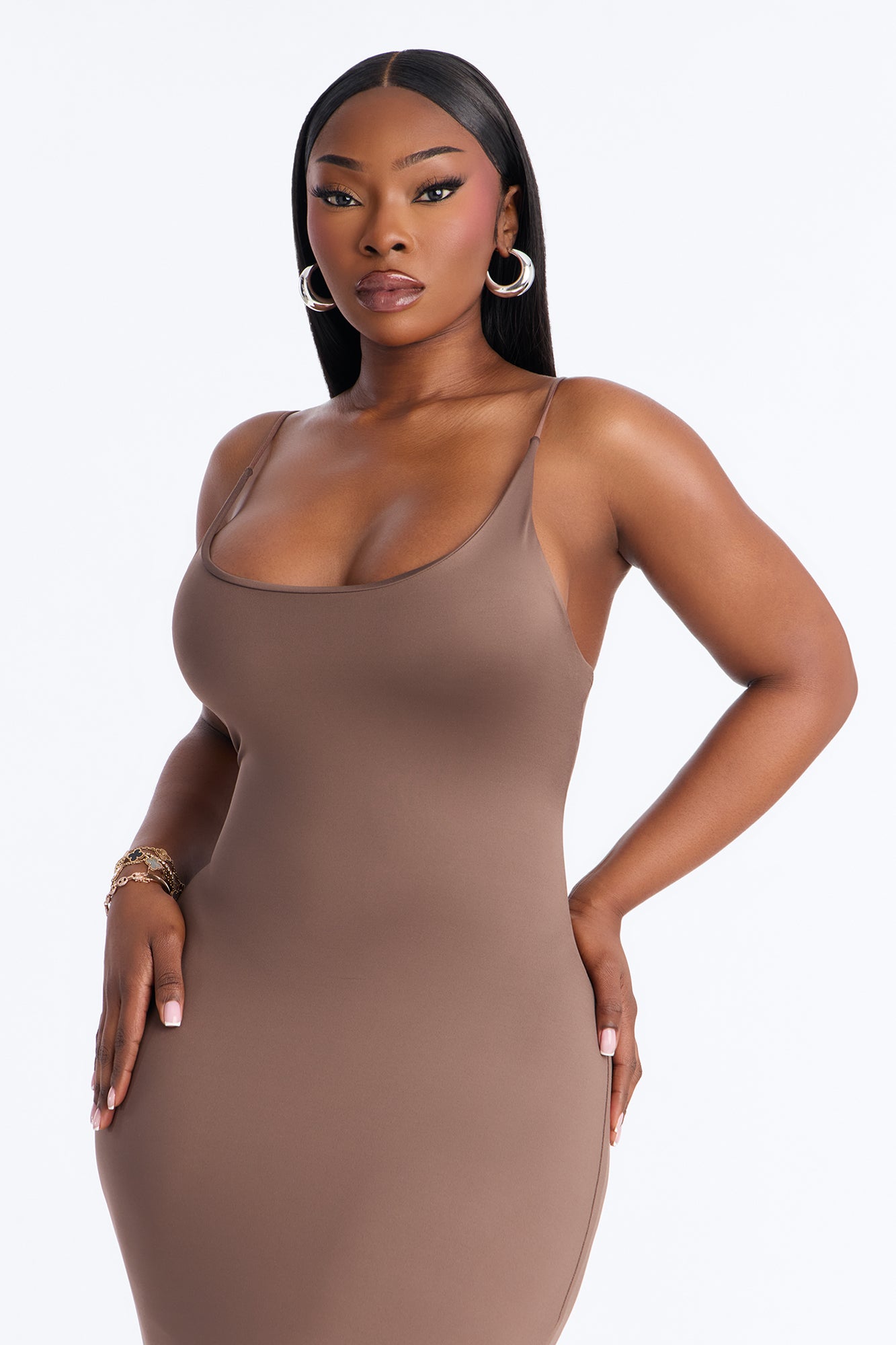 Contour Double Lined Scoop Neck Spaghetti Strap Maxi Dress - Brown image 6