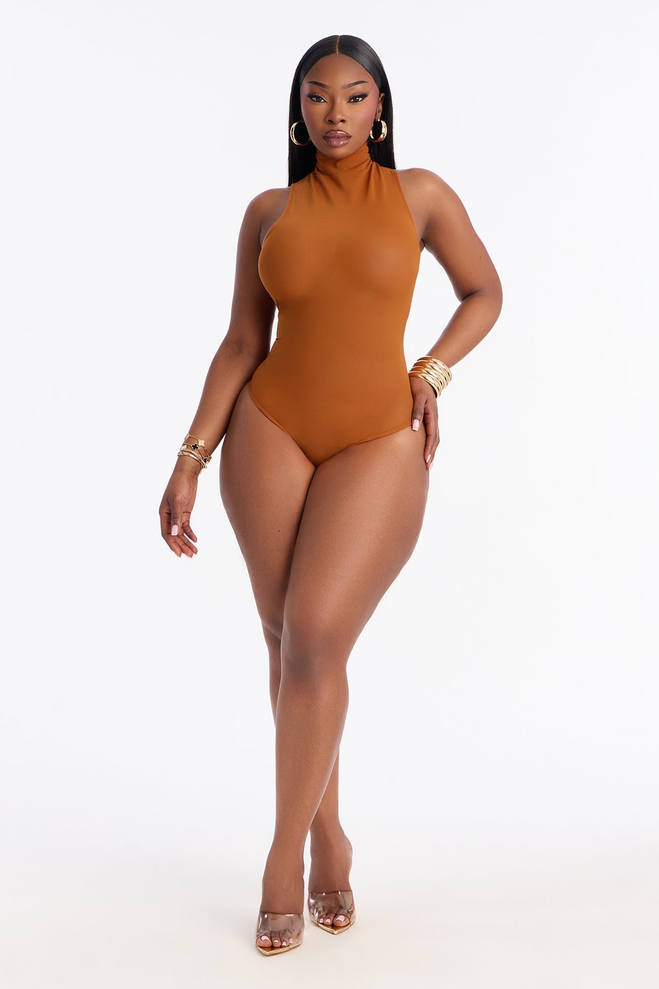 Power Mesh Turtle Neck Sleeveless Bodysuit - Copper image 7