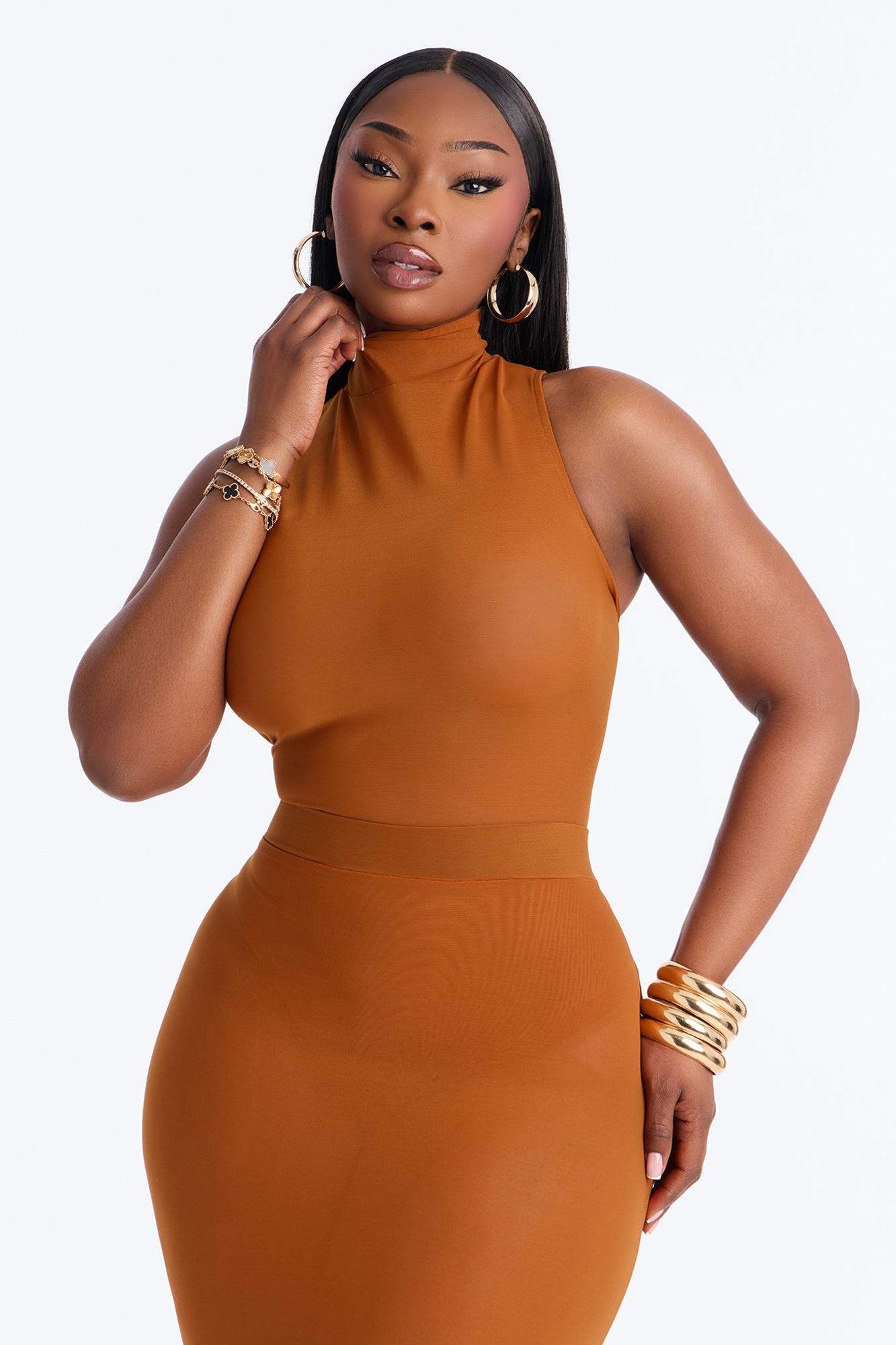 Power Mesh Turtle Neck Sleeveless Bodysuit - Copper image 8