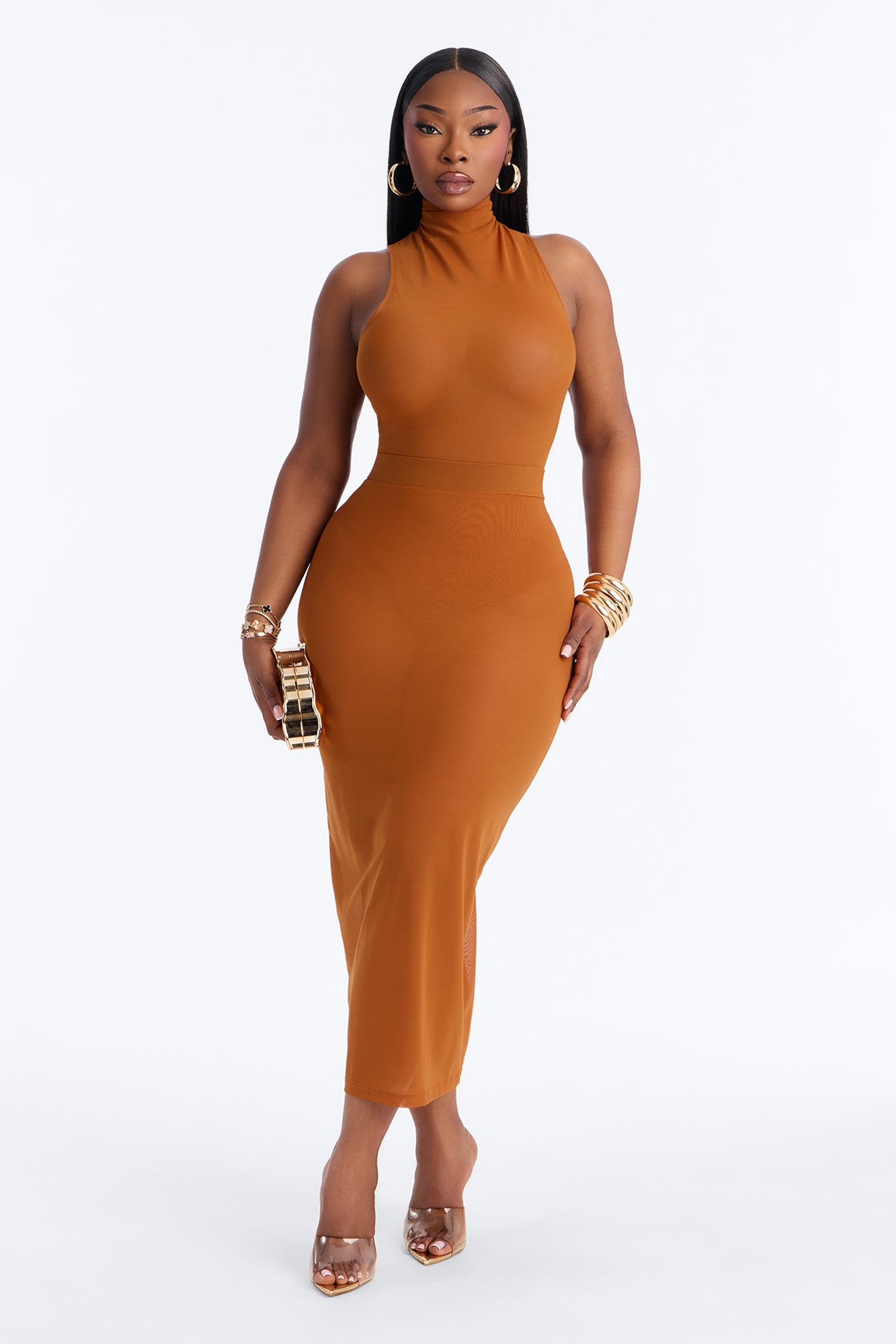 Power Mesh Midi Pencil Skirt - Copper image 5