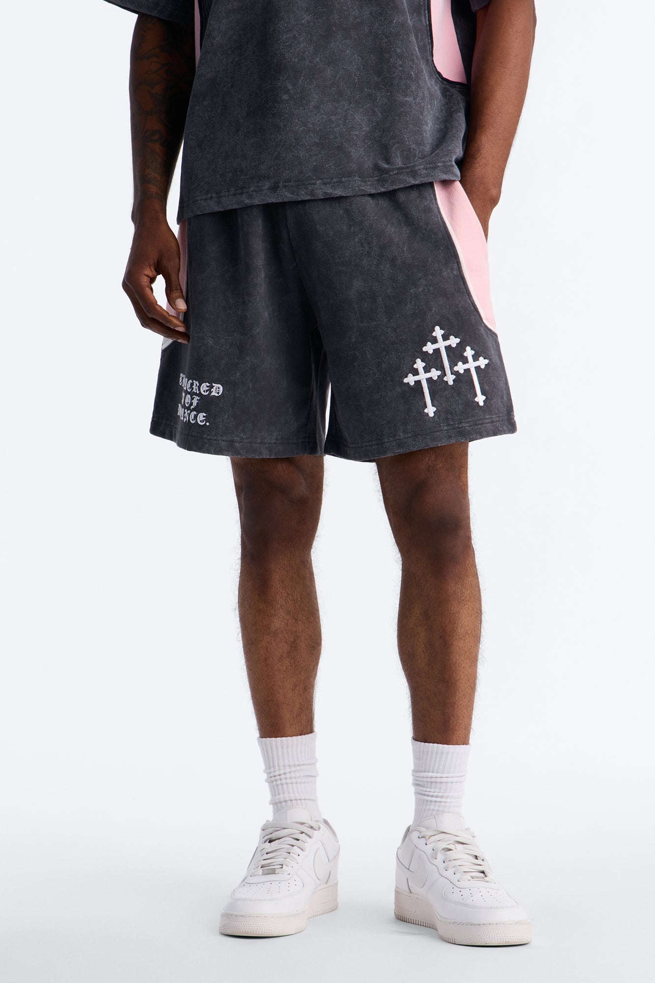 Sacred Embroidery Paneled Sweatshorts - Black